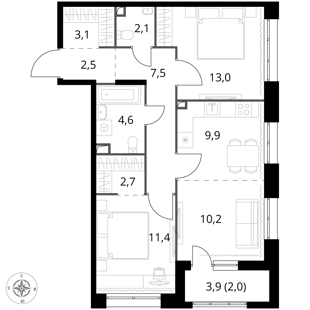 3 комн. квартира, 69 м², 2 этаж 
