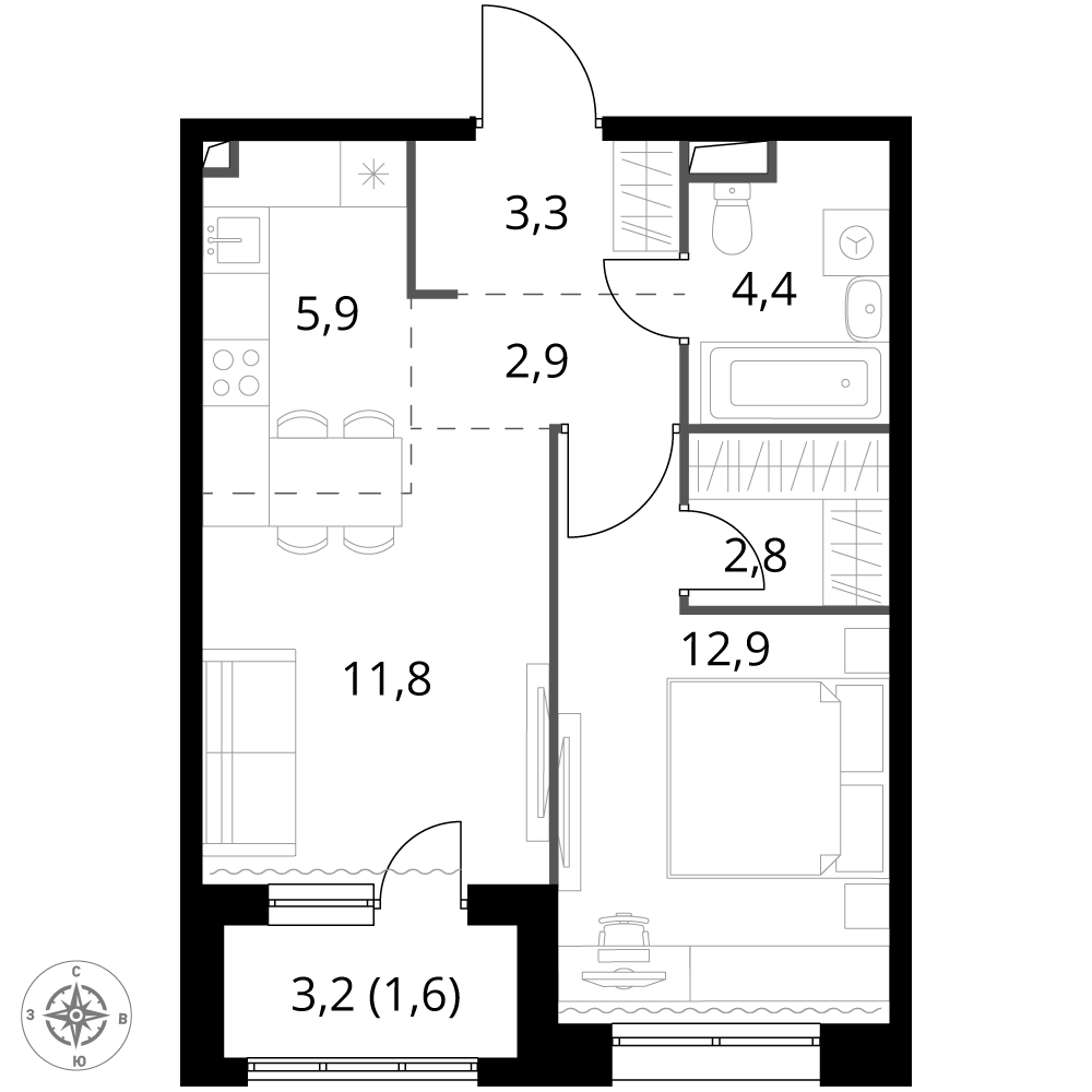 2 комн. квартира, 45.6 м², 2 этаж 