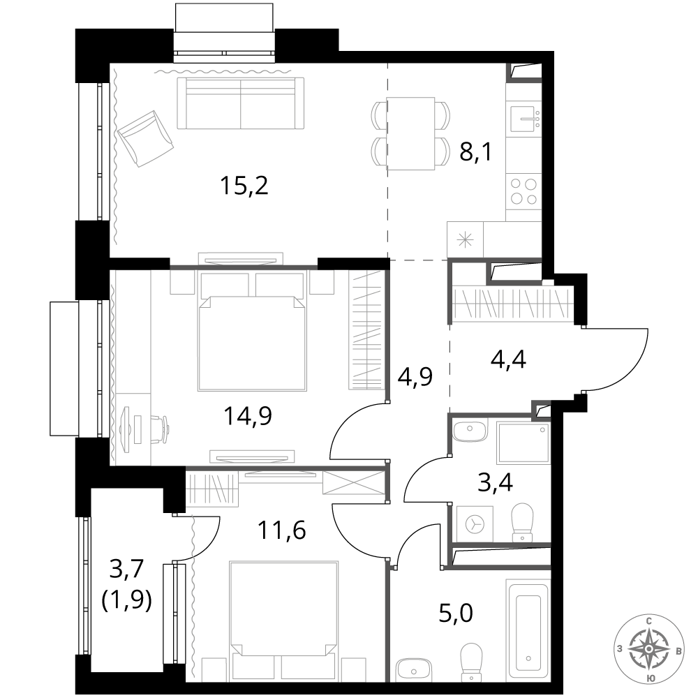 3 комн. квартира, 69.4 м², 3 этаж 