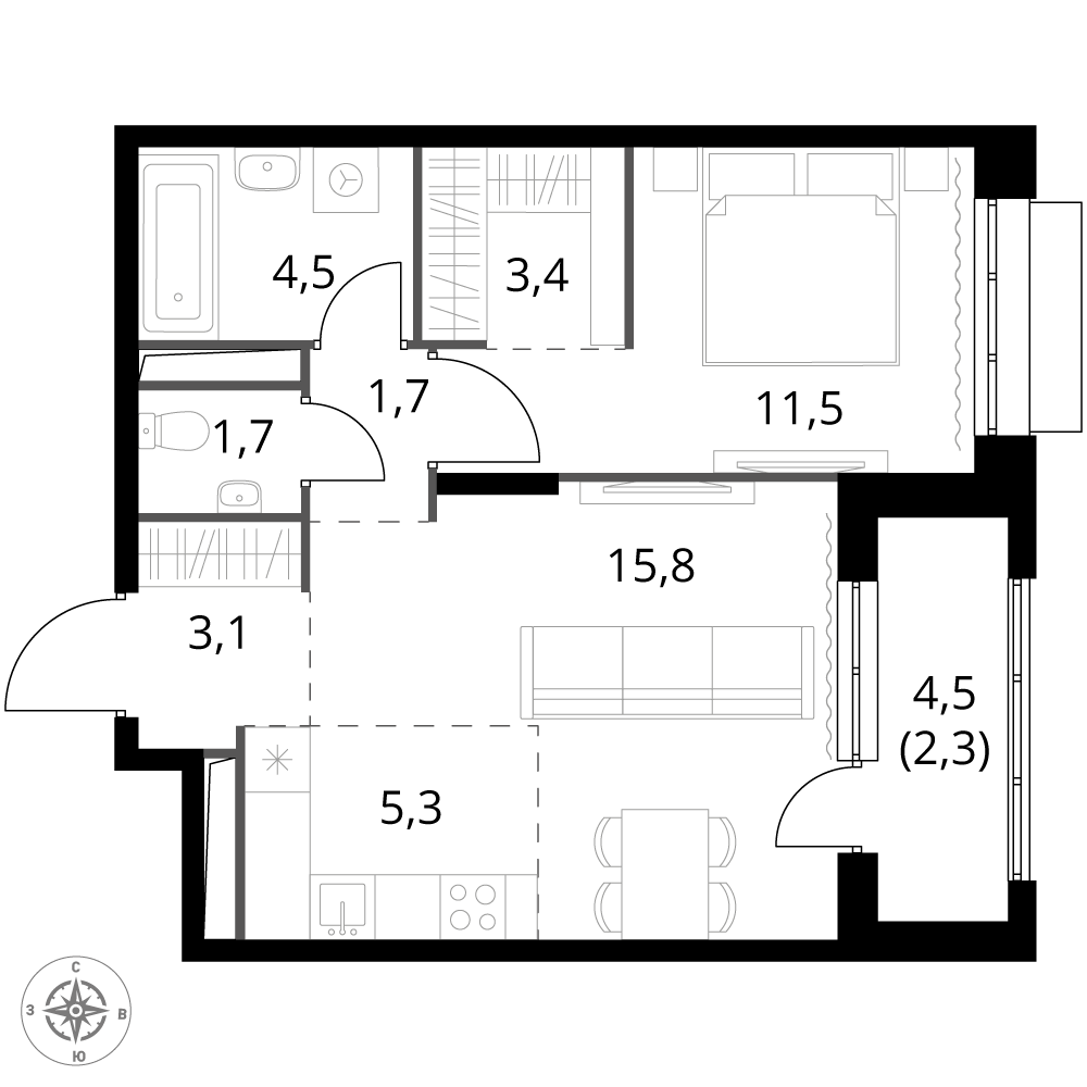 2 комн. квартира, 49.3 м², 3 этаж 