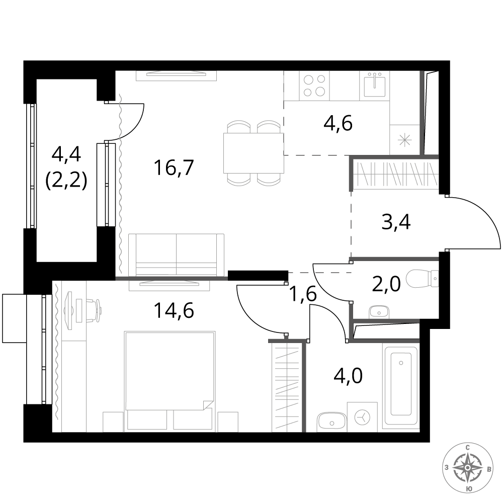 2 комн. квартира, 49.1 м², 7 этаж 