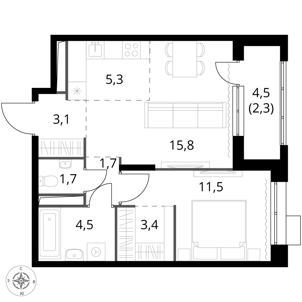 2 комн. квартира, 49.3 м², 9 этаж 