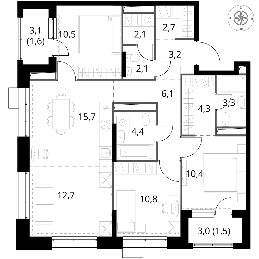 4 комн. квартира, 91.4 м², 13 этаж 