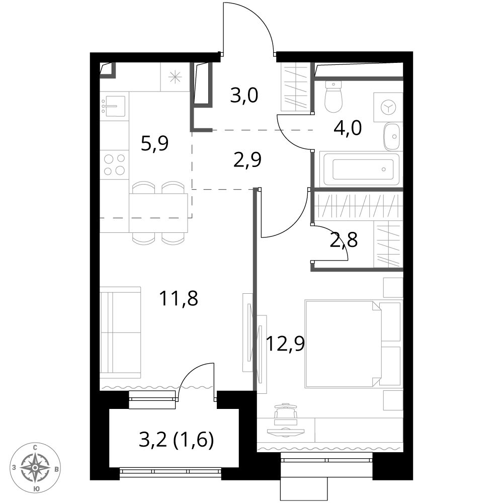 2 комн. квартира, 44.9 м², 16 этаж 