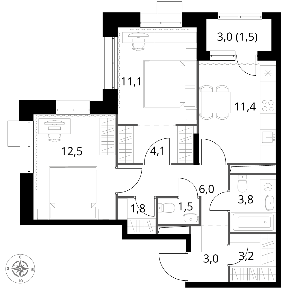 2 комн. квартира, 59.9 м², 17 этаж 