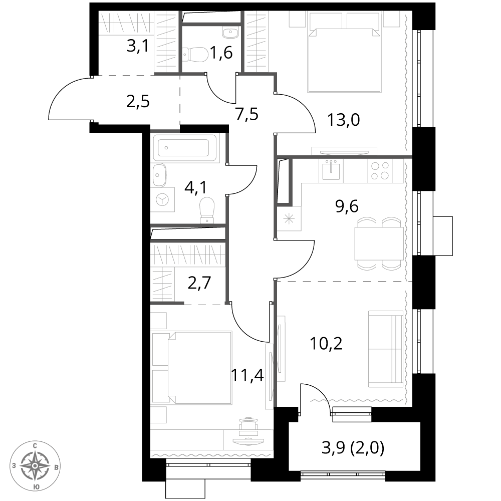 3 комн. квартира, 67.7 м², 25 этаж 