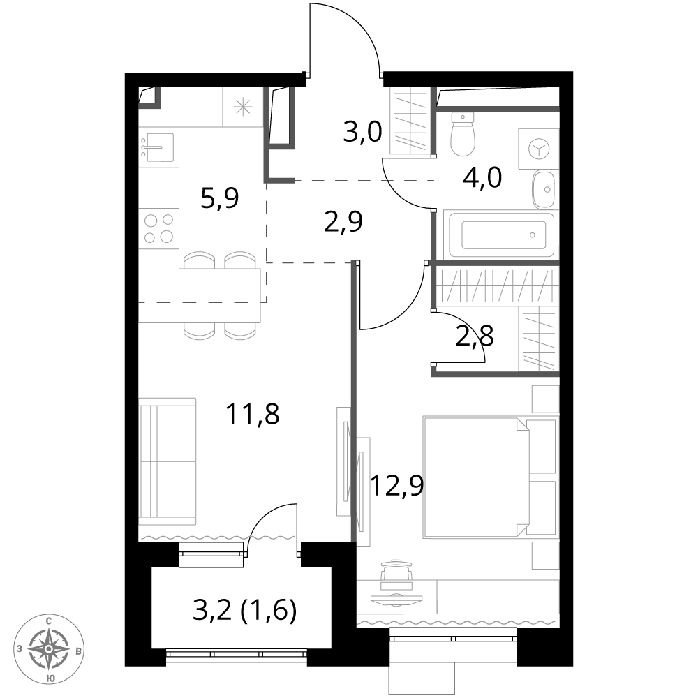 2 комн. квартира, 44.9 м², 25 этаж 