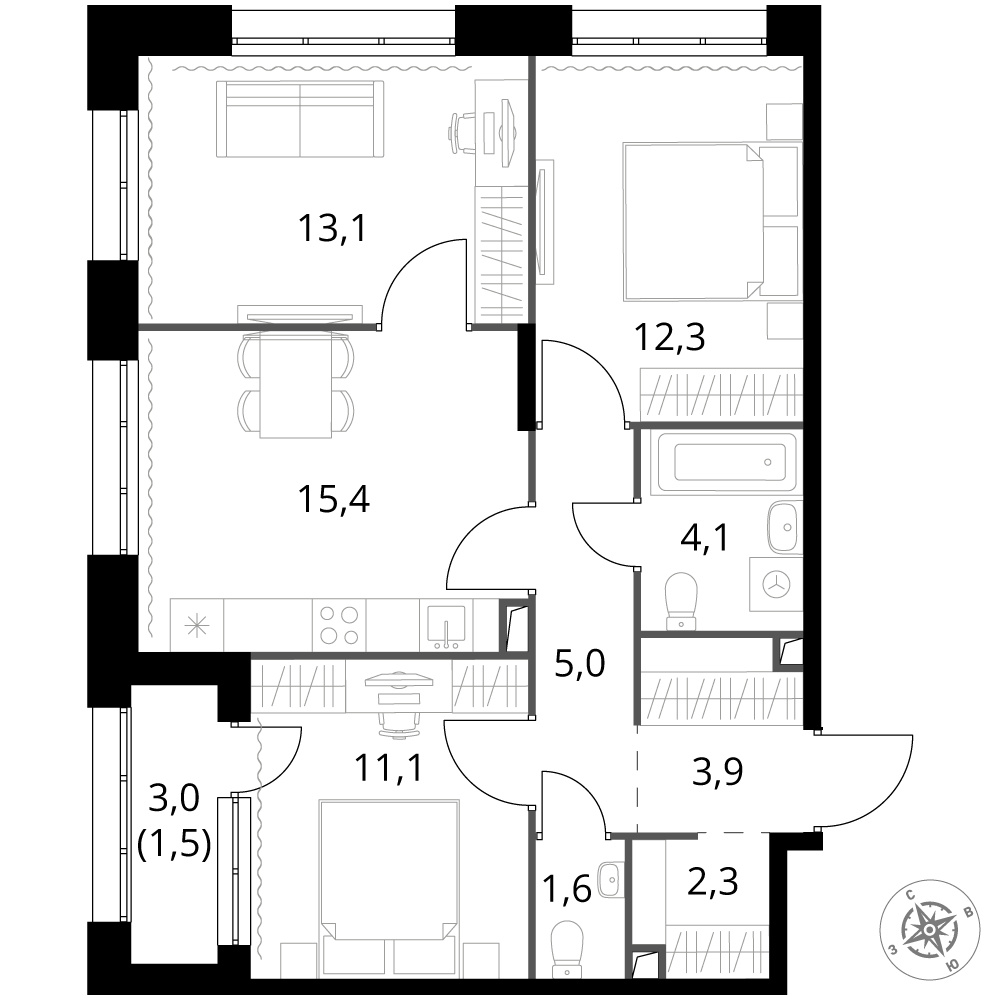 3 комн. квартира, 70.3 м², 2 этаж 