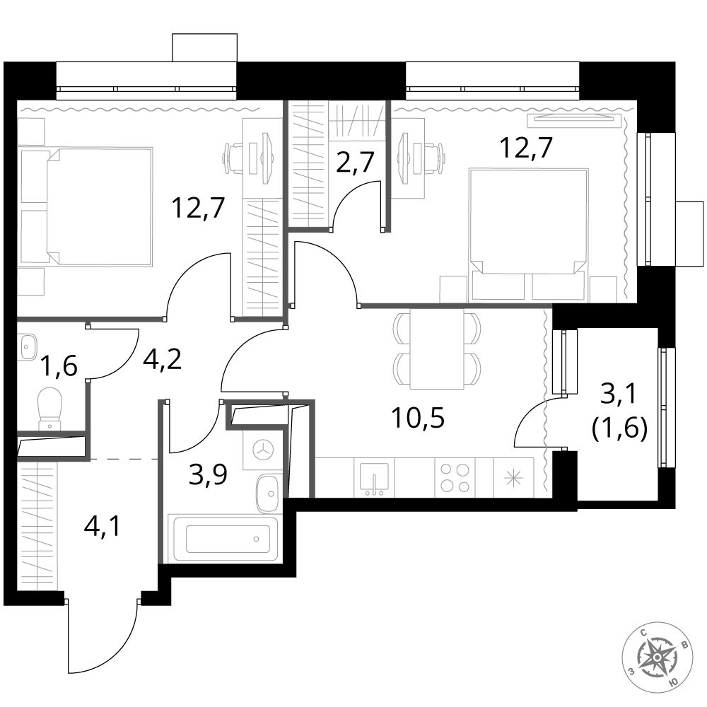 2 комн. квартира, 54 м², 21 этаж 