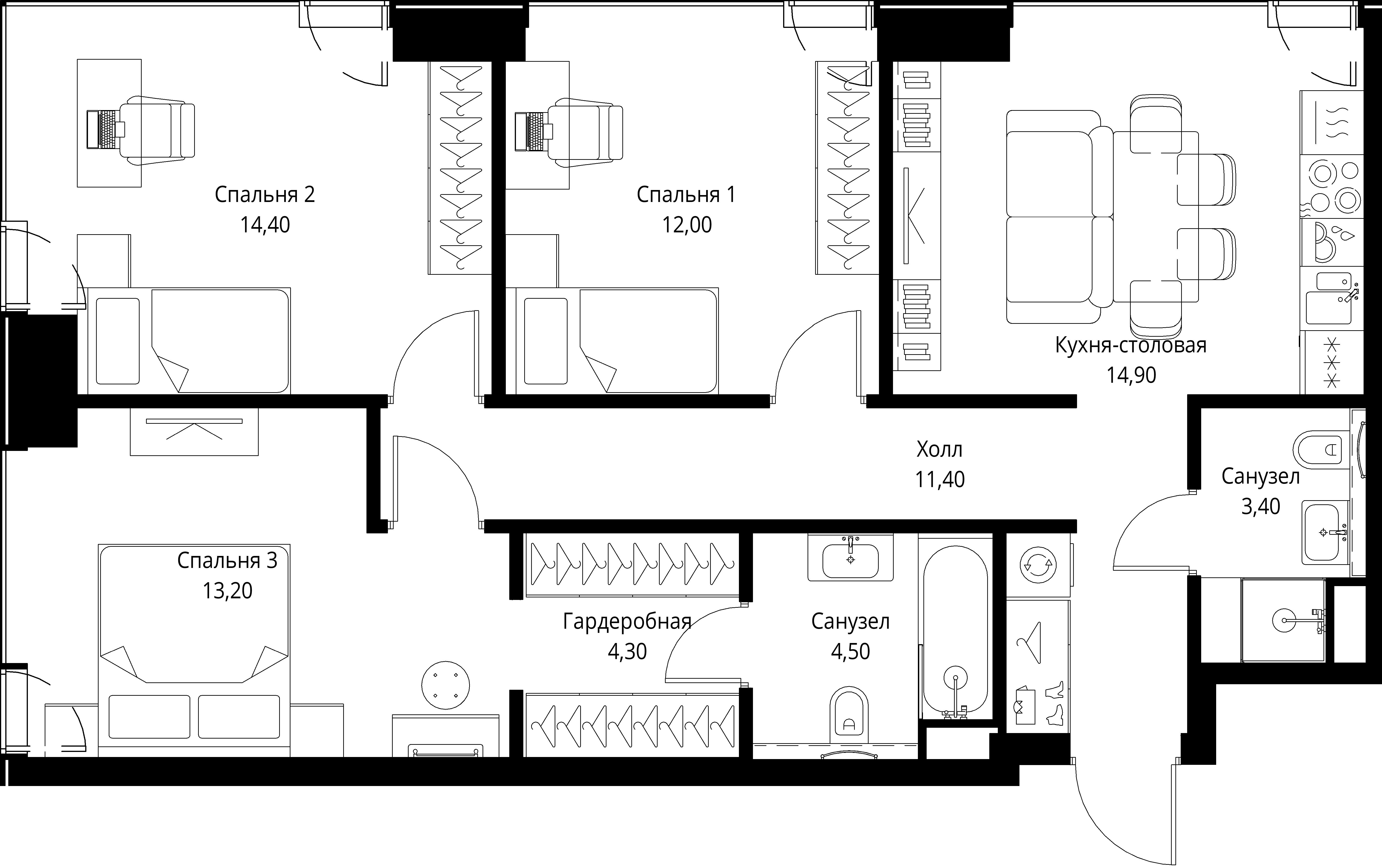 3 комн. квартира, 78.1 м², 39 этаж 