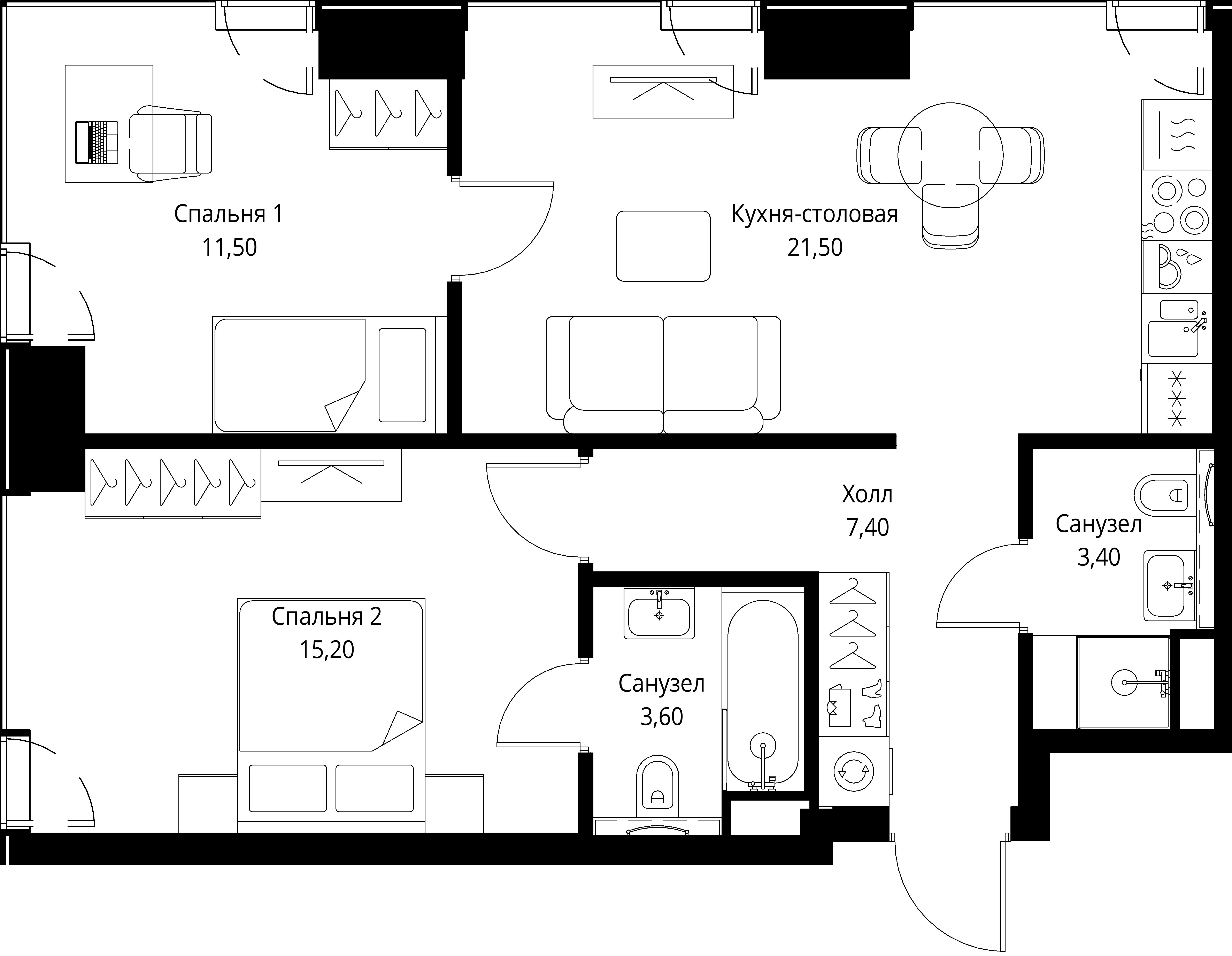 2 комн. квартира, 62.6 м², 22 этаж 
