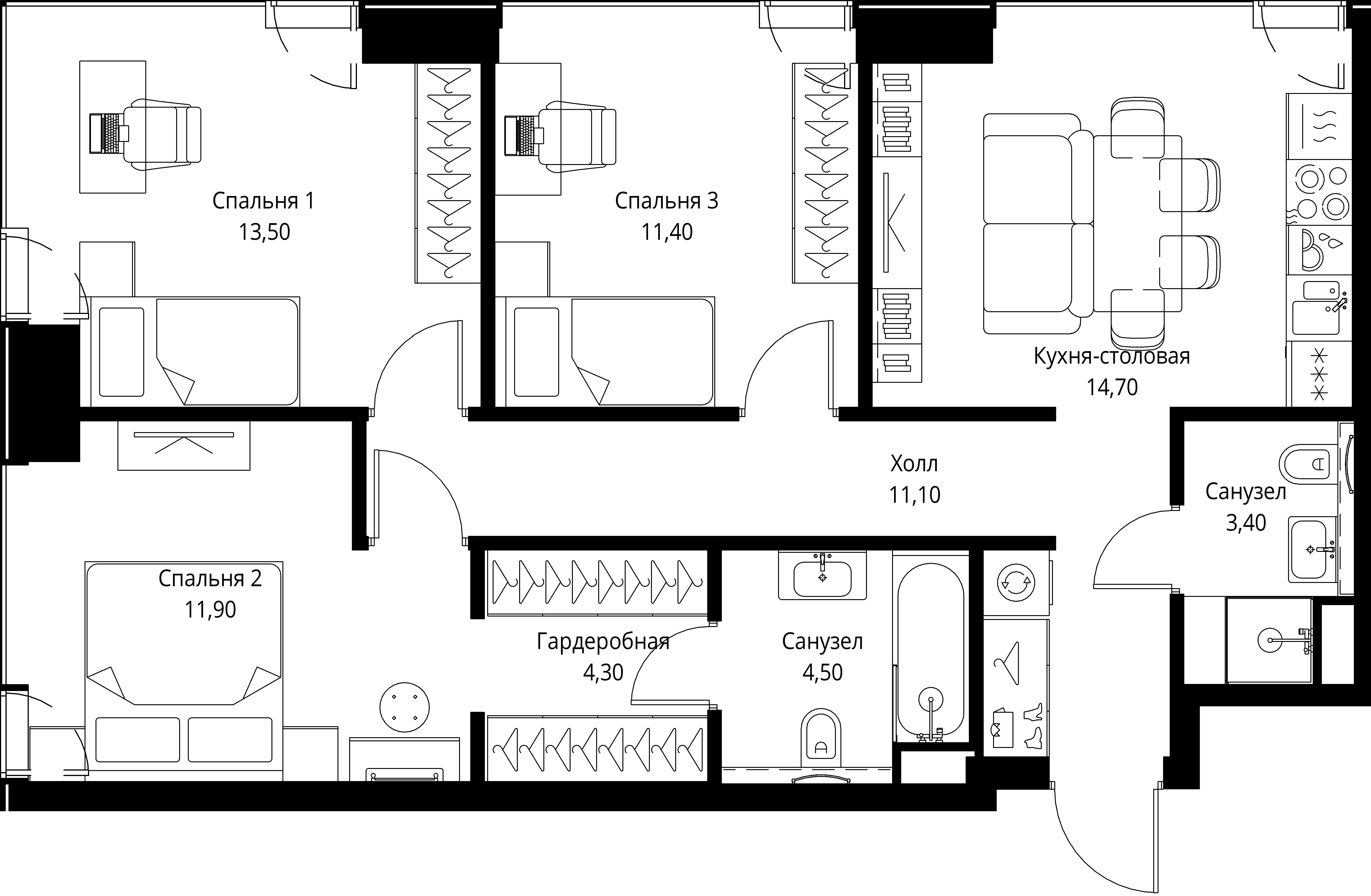 3 комн. квартира, 74.8 м², 36 этаж 