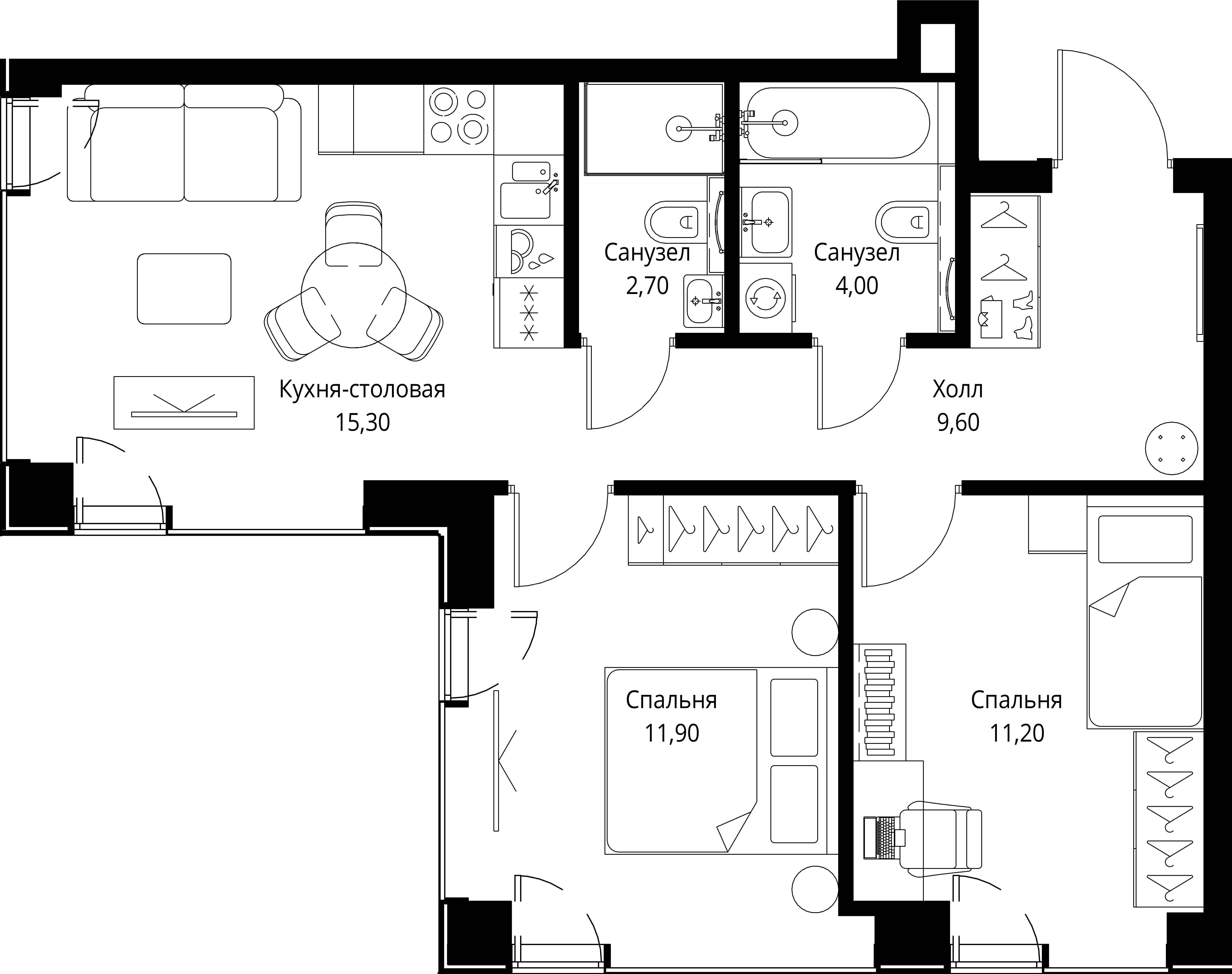 2 комн. квартира, 54.7 м², 11 этаж 