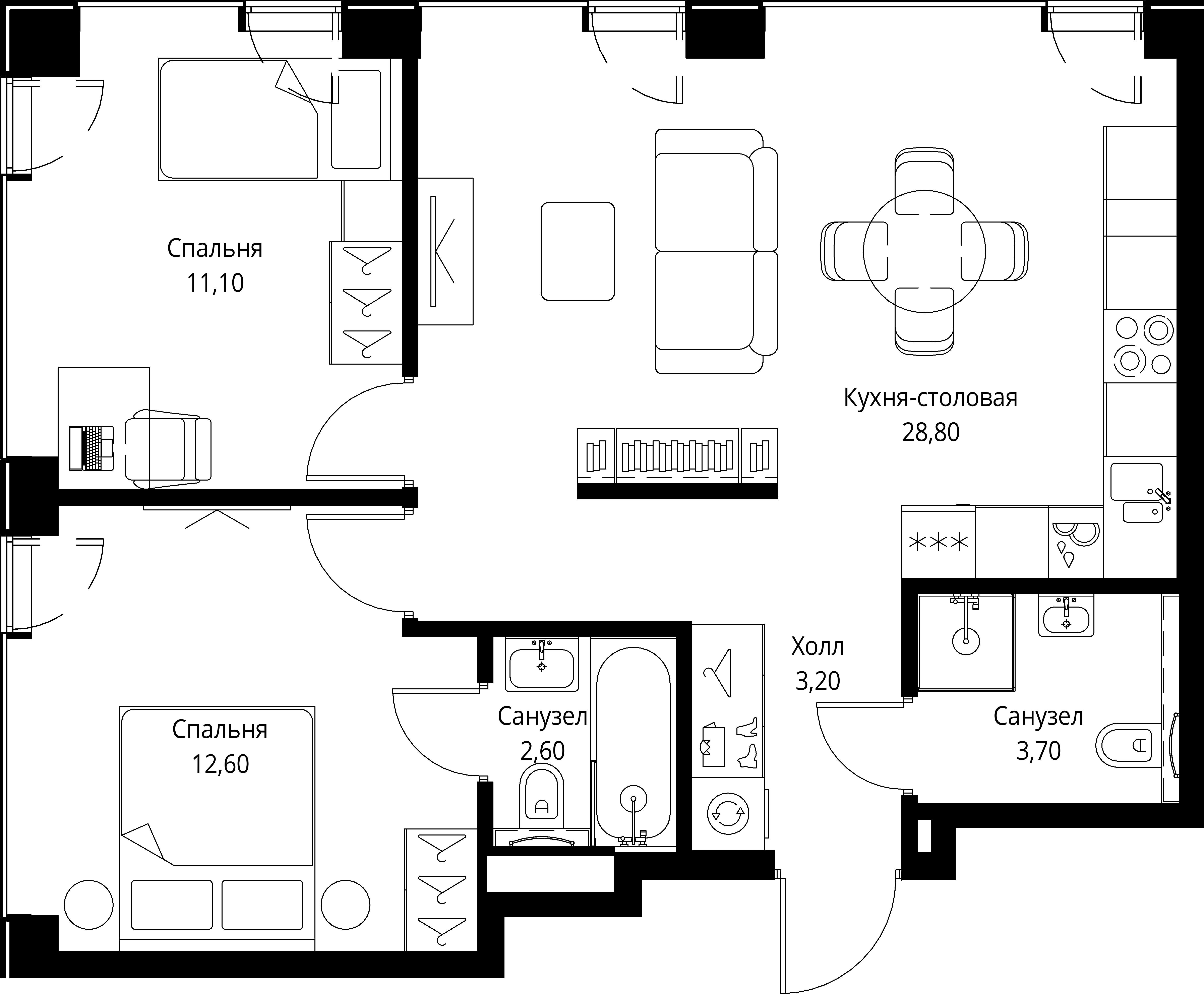 2 комн. квартира, 62 м², 17 этаж 