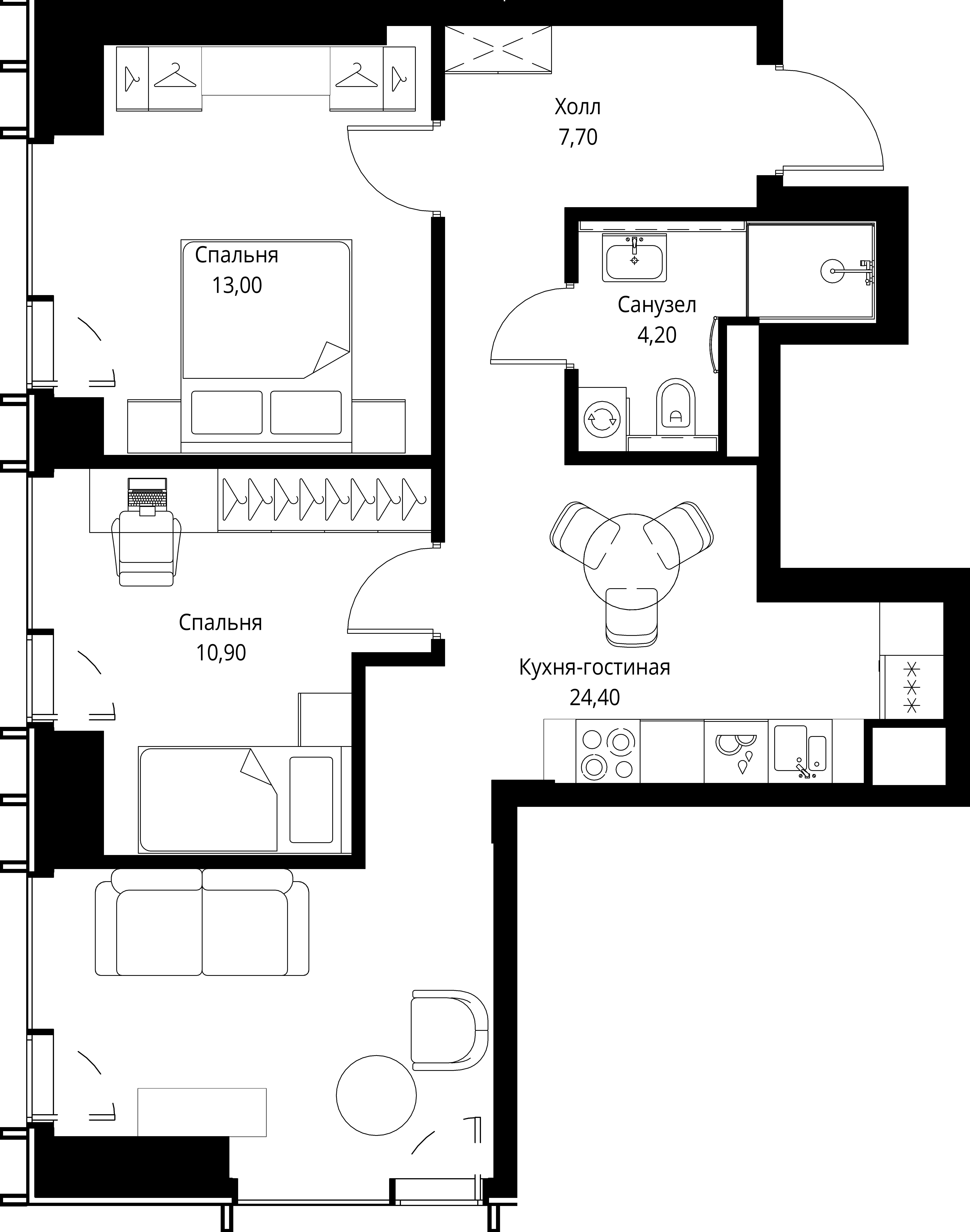 2 комн. квартира, 60.2 м², 29 этаж 