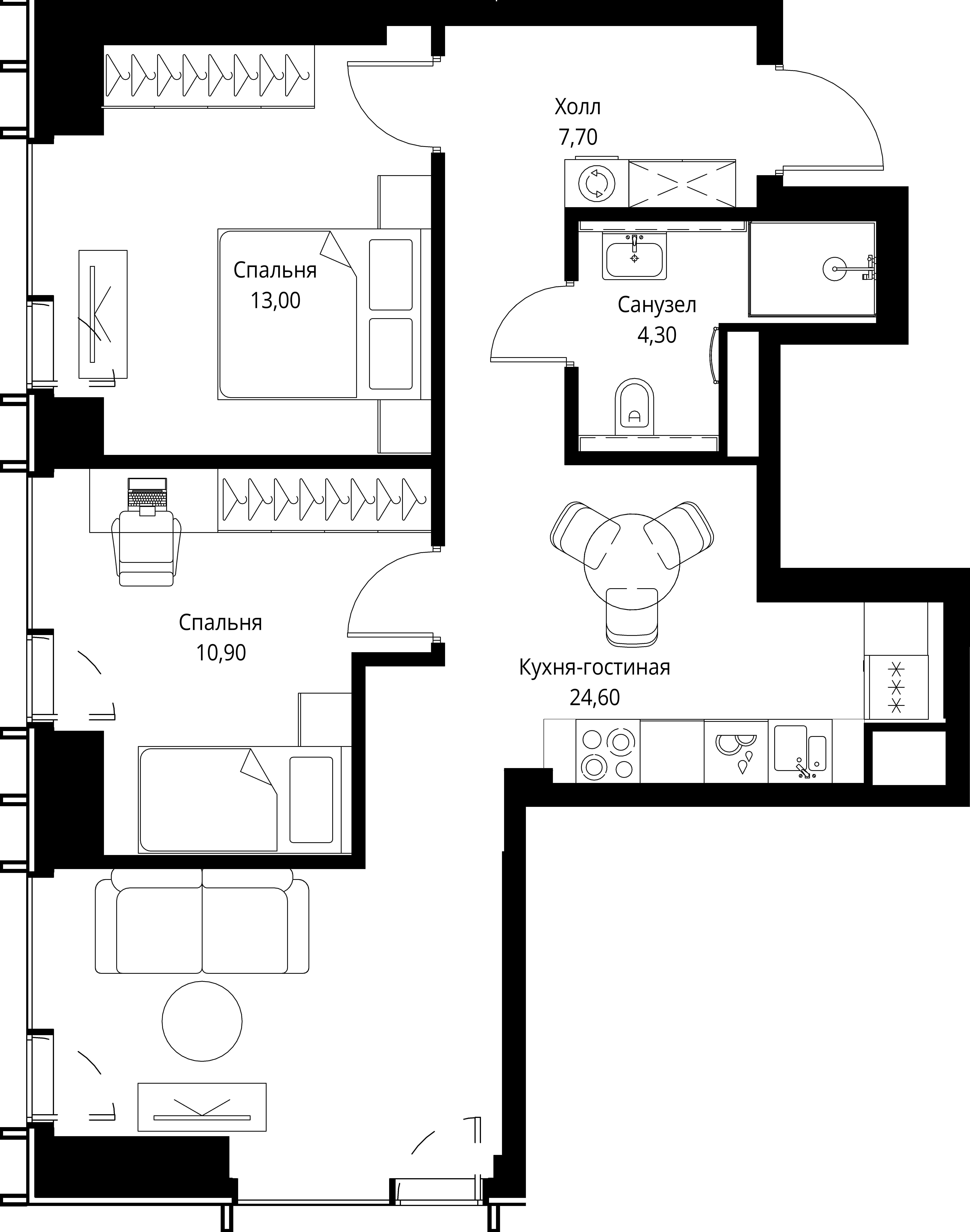 2 комн. квартира, 60.5 м², 37 этаж 