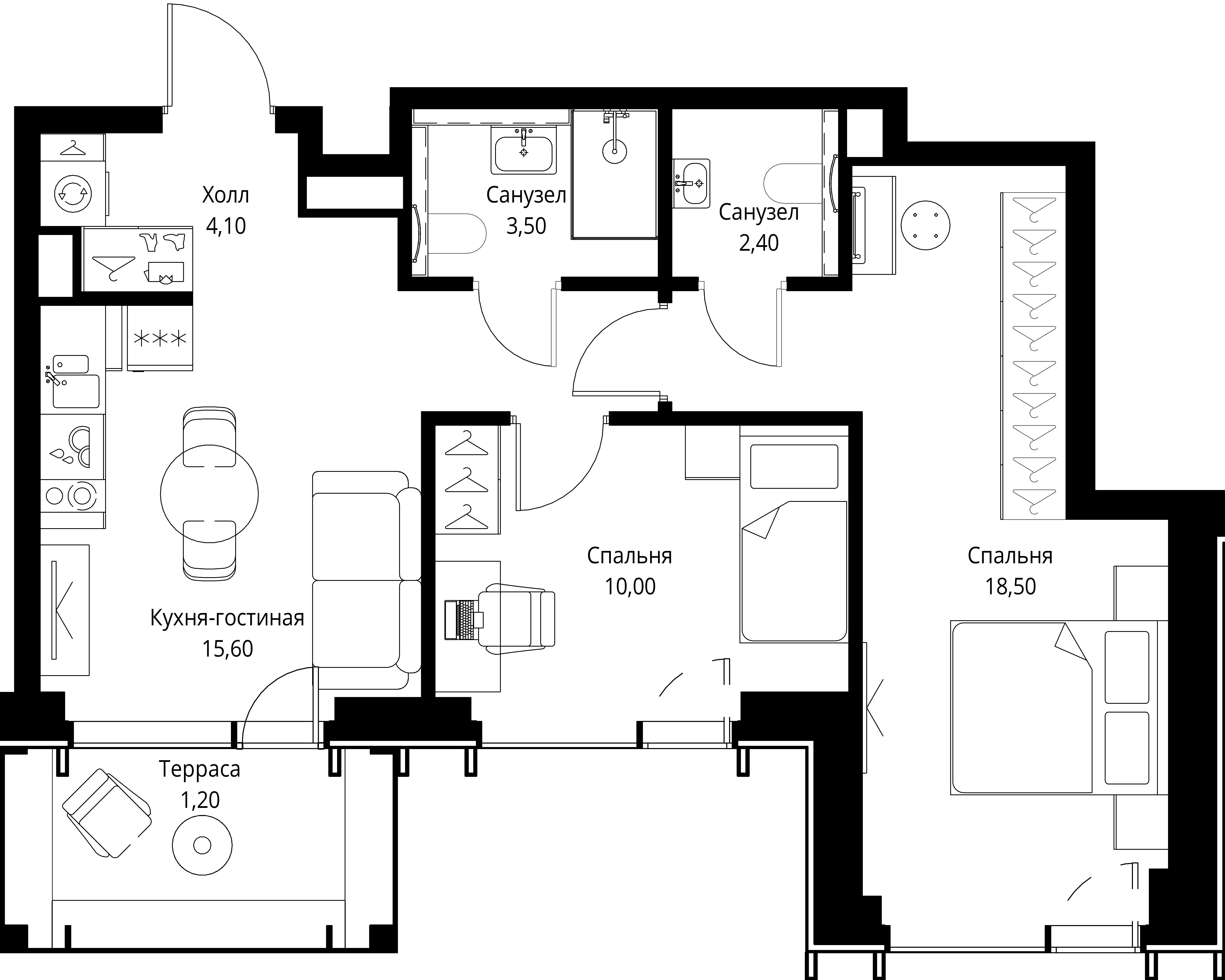 2 комн. квартира, 55.3 м², 49 этаж 