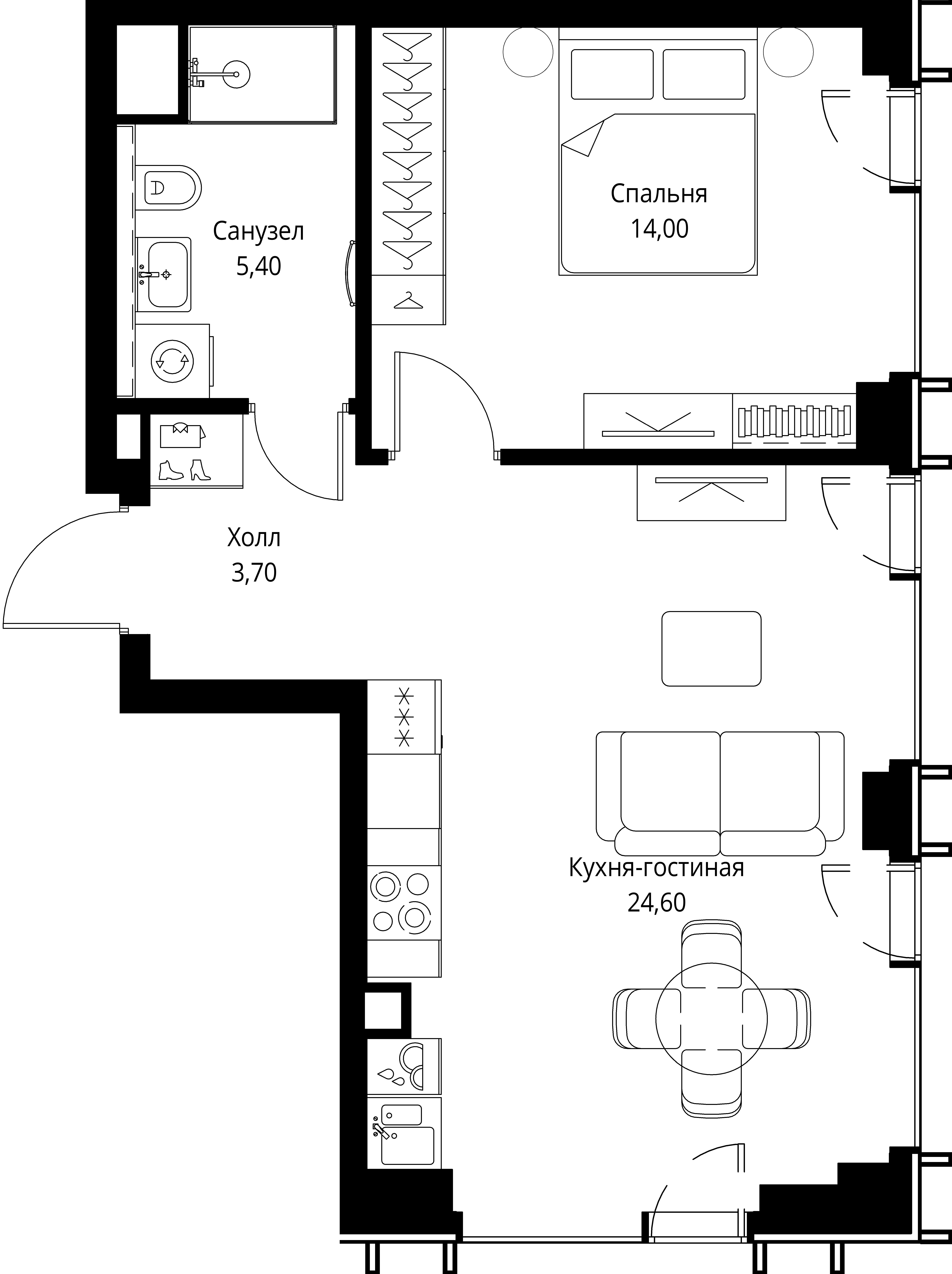1 комн. квартира, 47.7 м², 59 этаж 