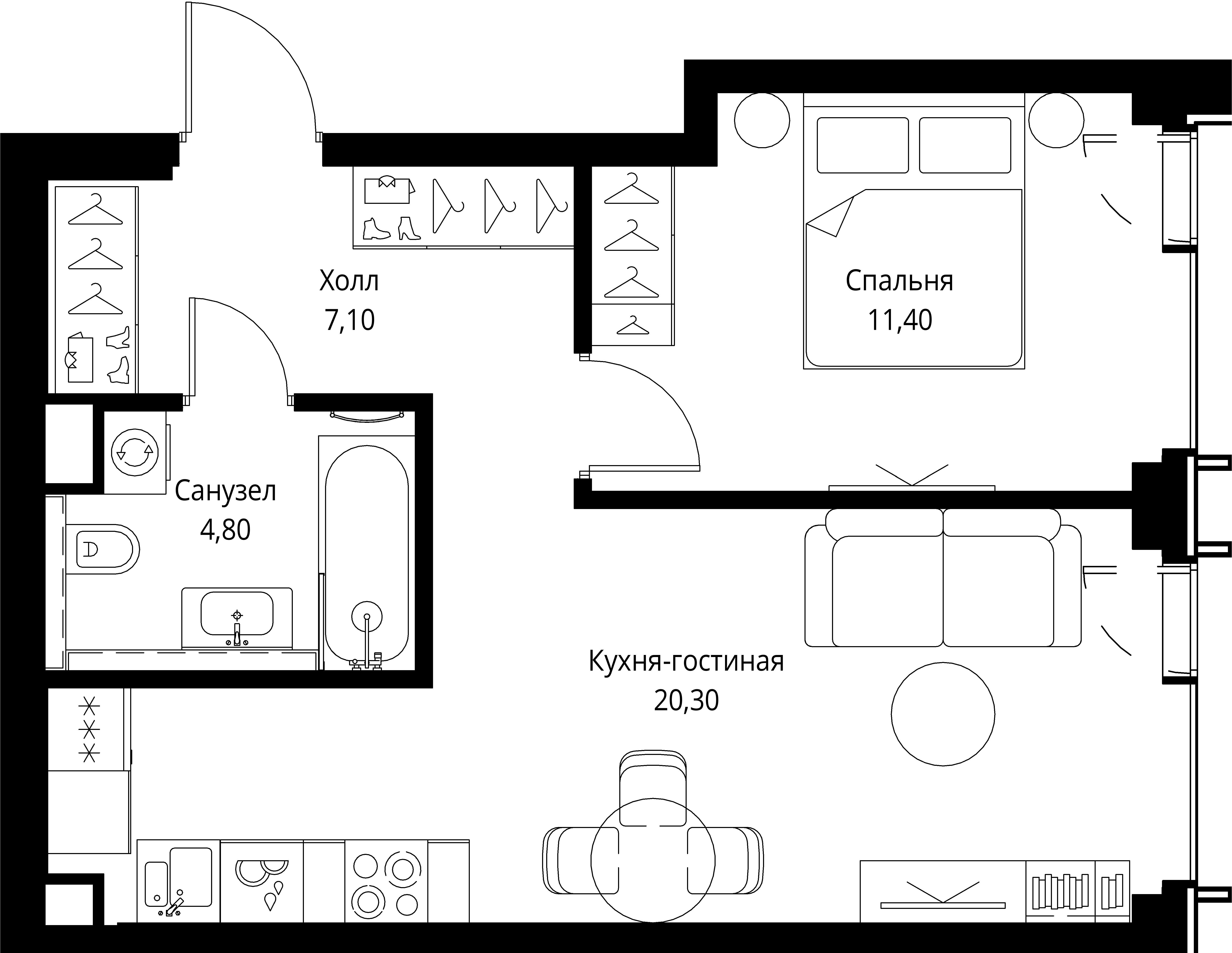 1 комн. квартира, 43.6 м², 11 этаж 