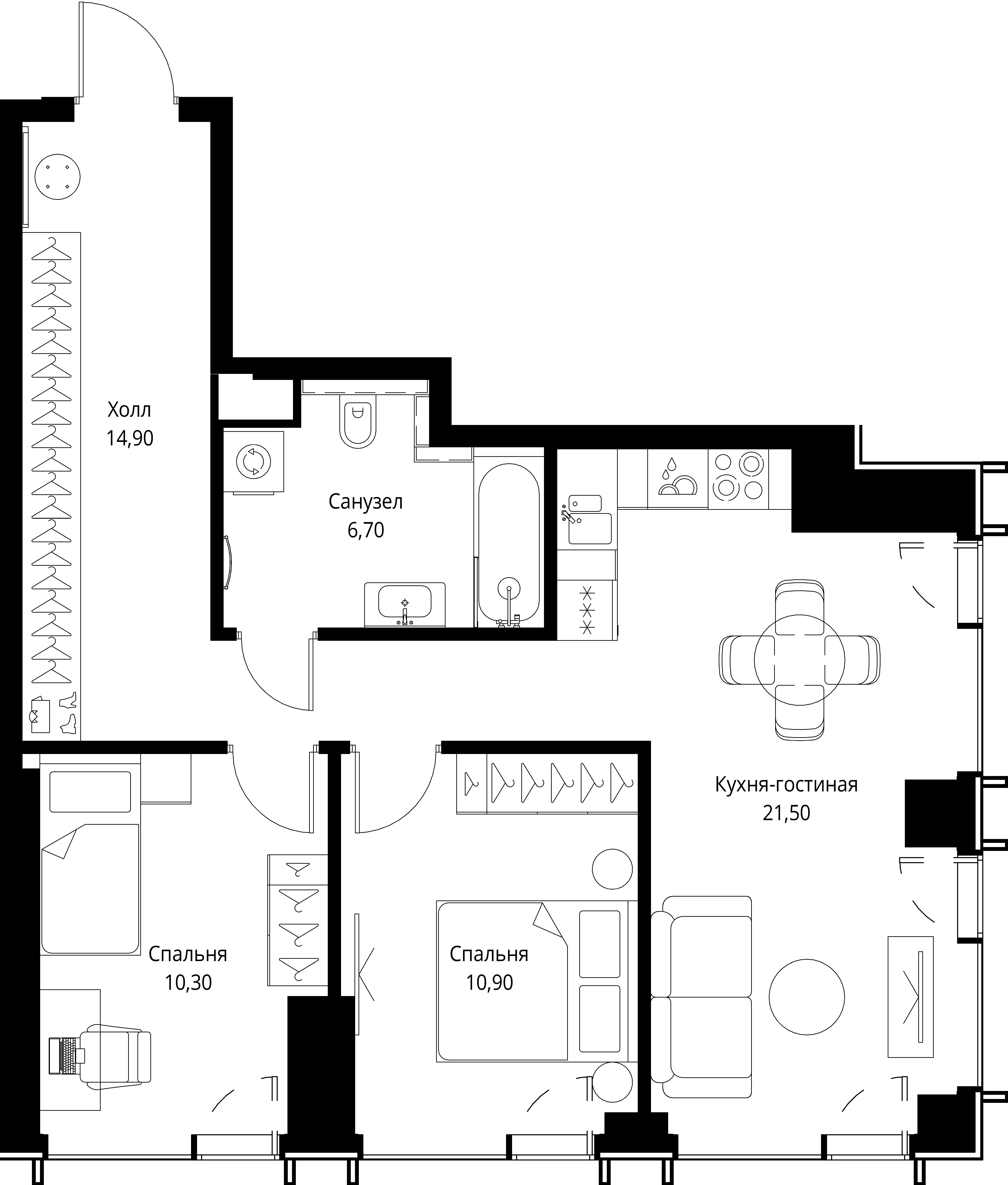 2 комн. квартира, 64.3 м², 29 этаж 