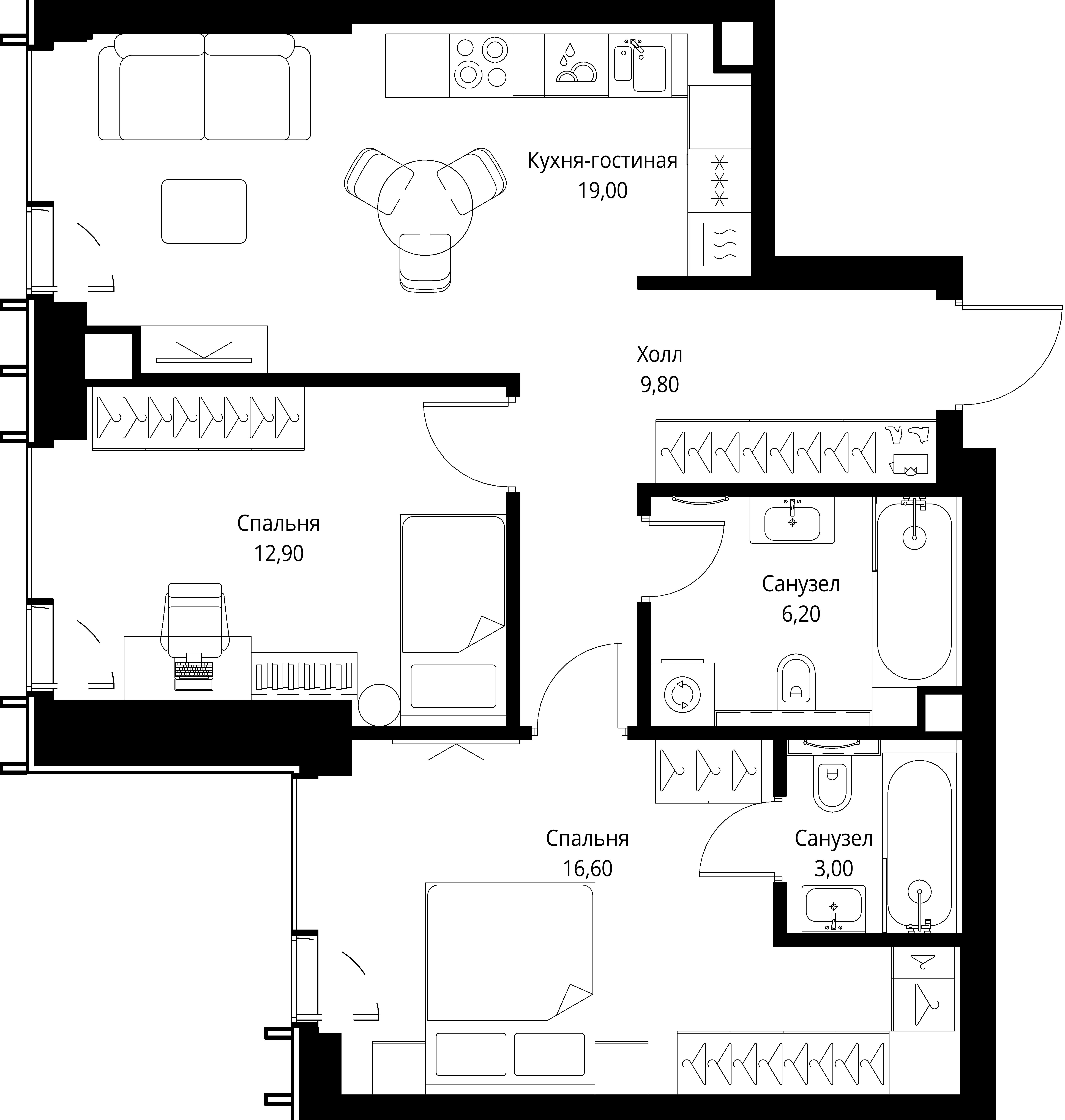 2 комн. квартира, 67.5 м², 37 этаж 