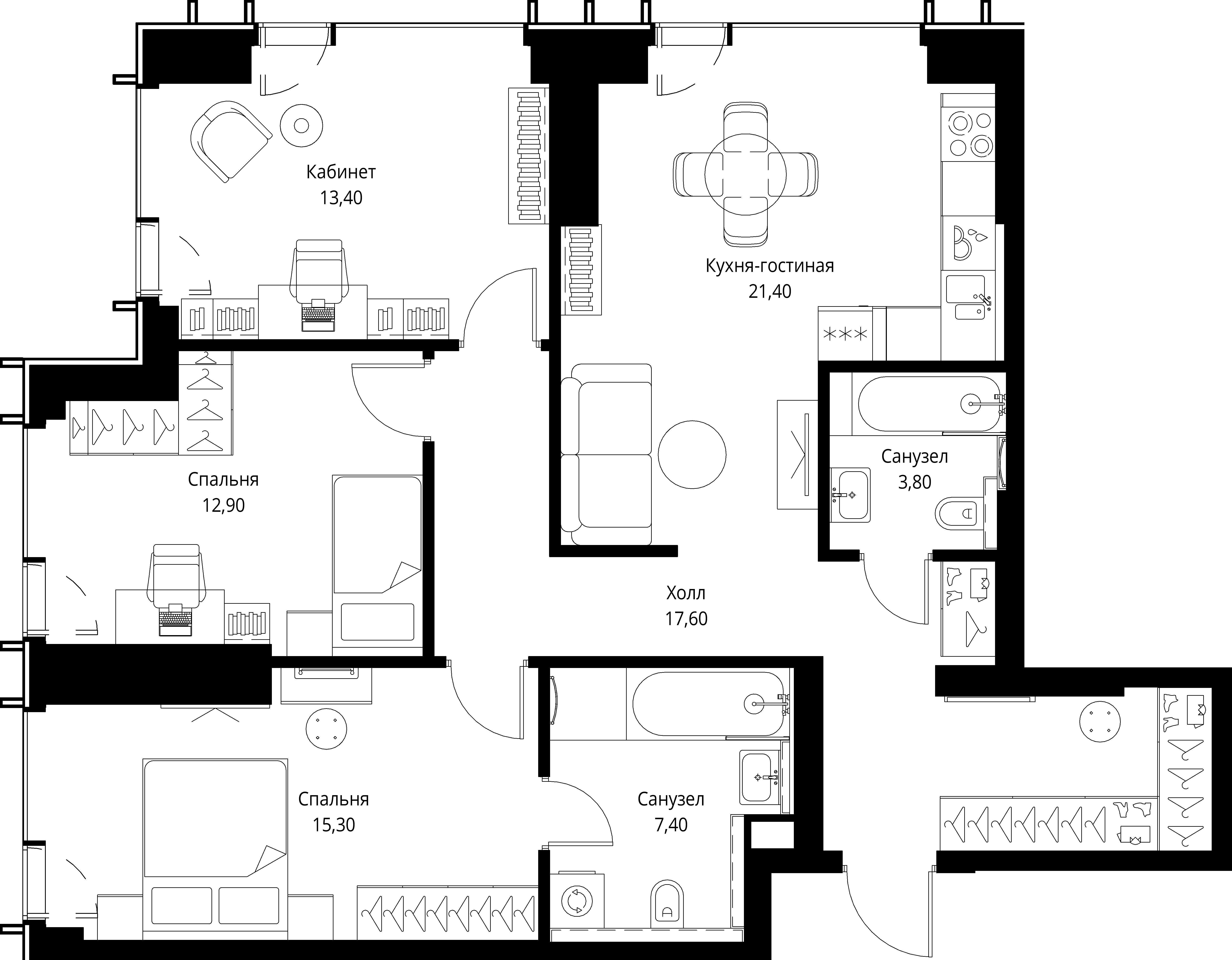 3 комн. квартира, 91.8 м², 13 этаж 
