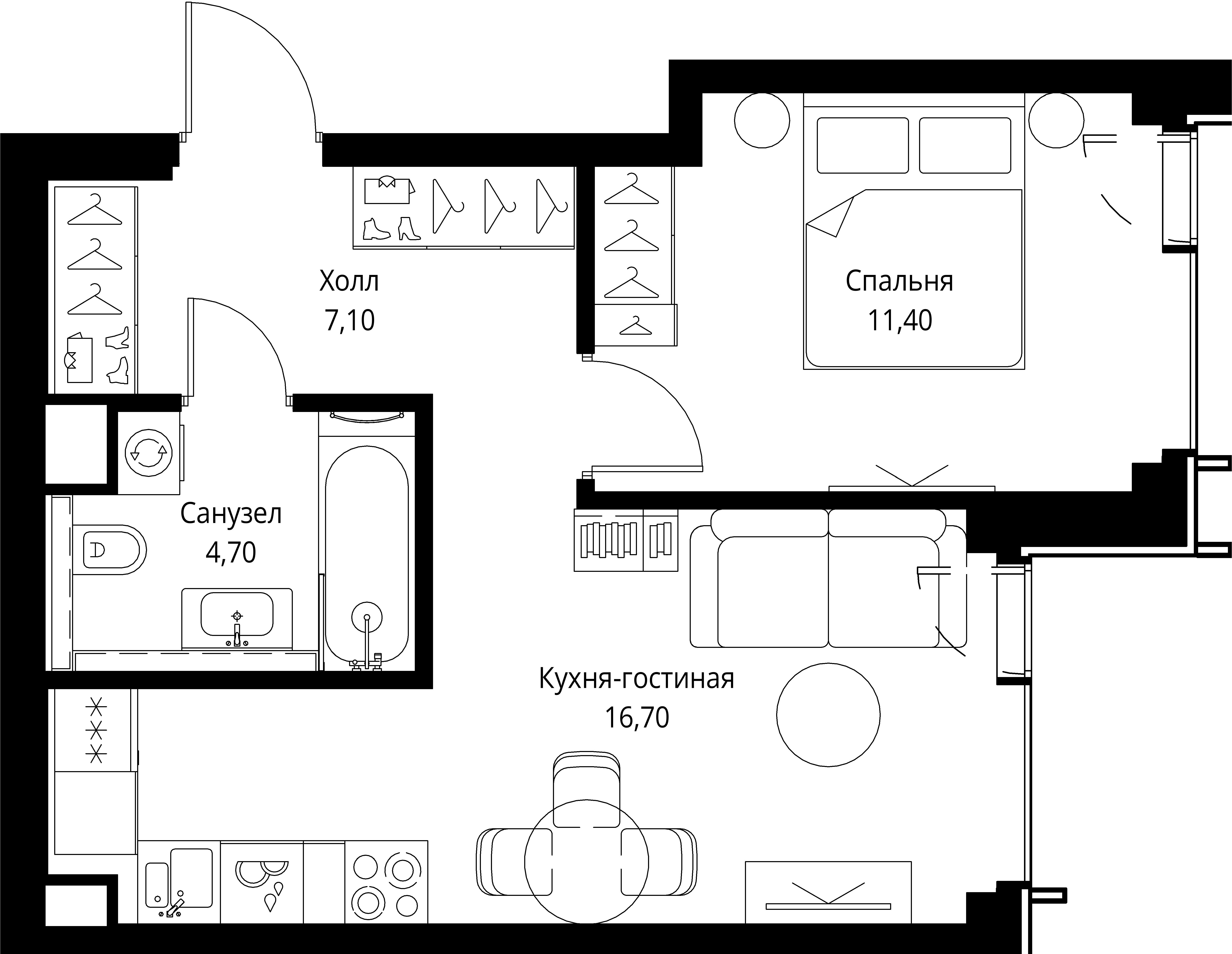 1 комн. квартира, 39.9 м², 21 этаж 