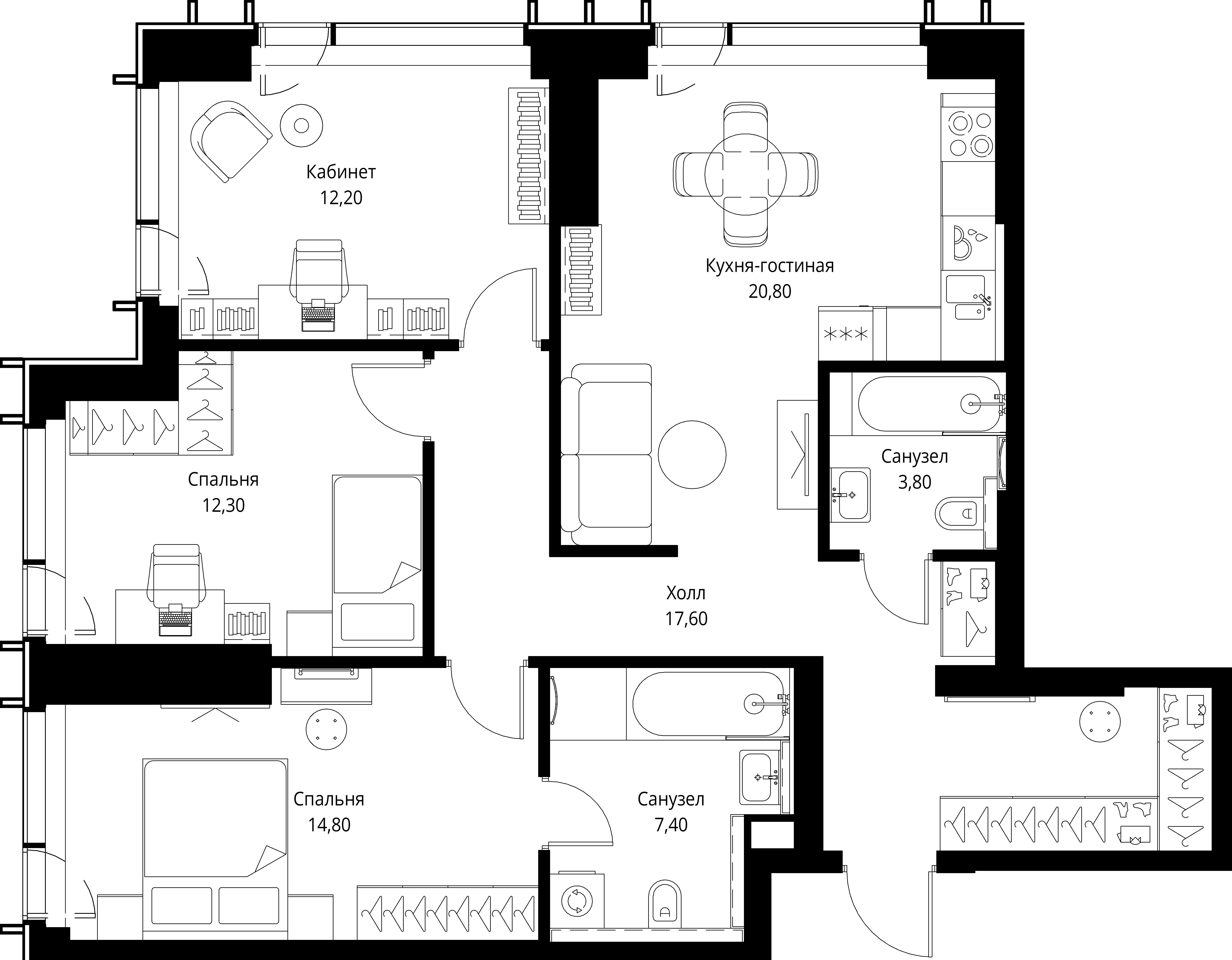 3 комн. квартира, 88.9 м², 20 этаж 
