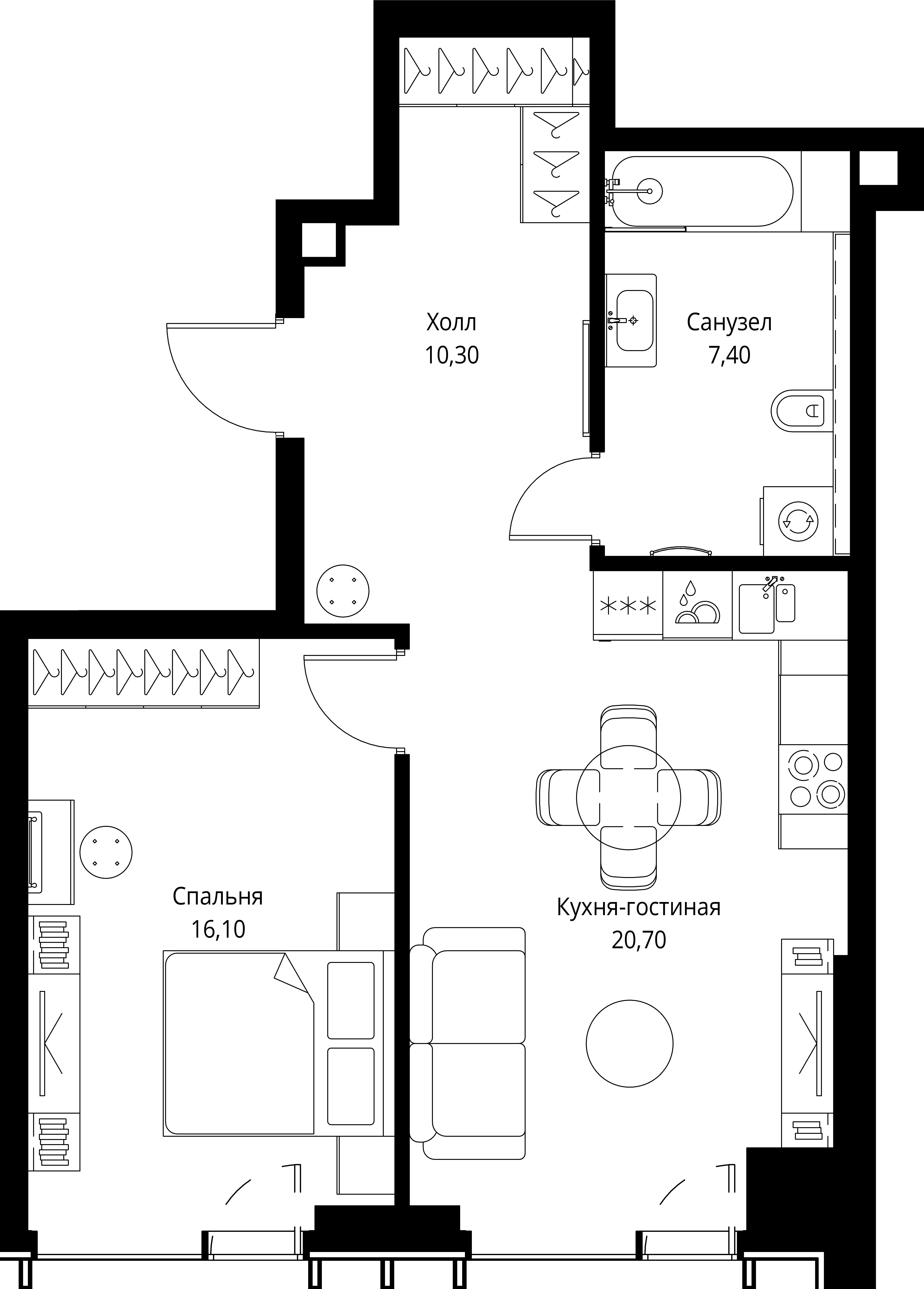 1 комн. квартира, 54.5 м², 17 этаж 