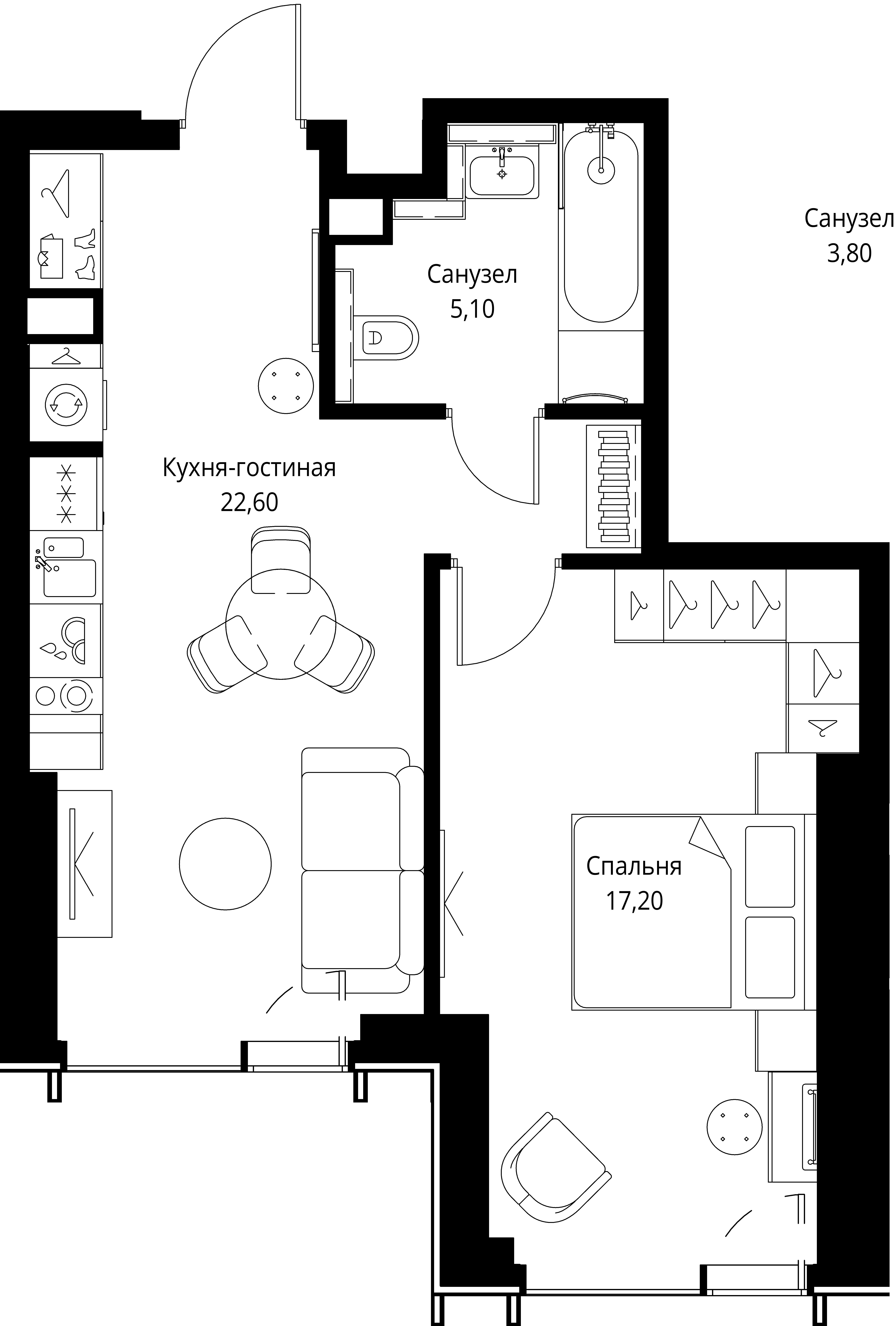 1 комн. квартира, 44.9 м², 41 этаж 
