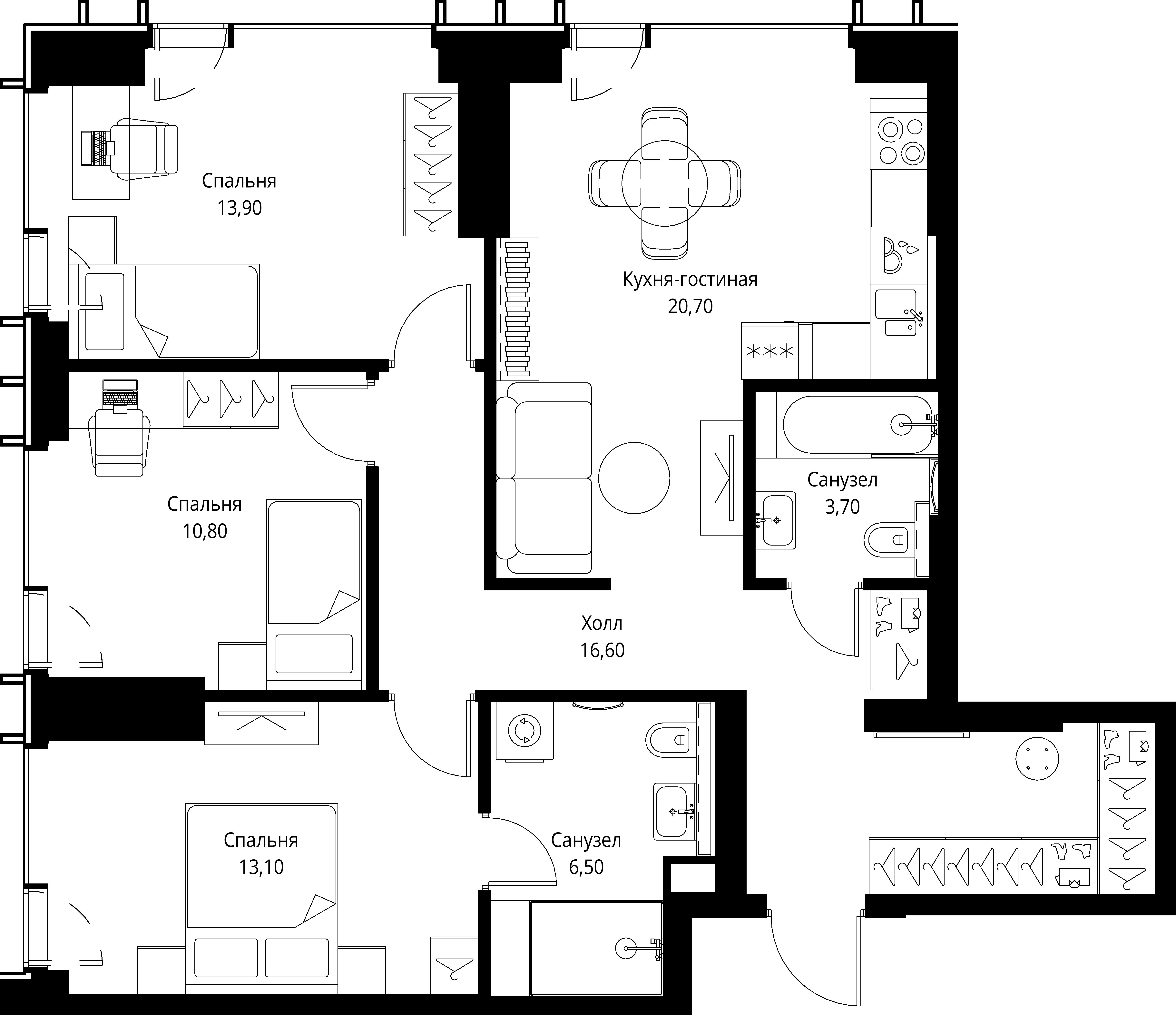 3 комн. квартира, 85.3 м², 26 этаж 