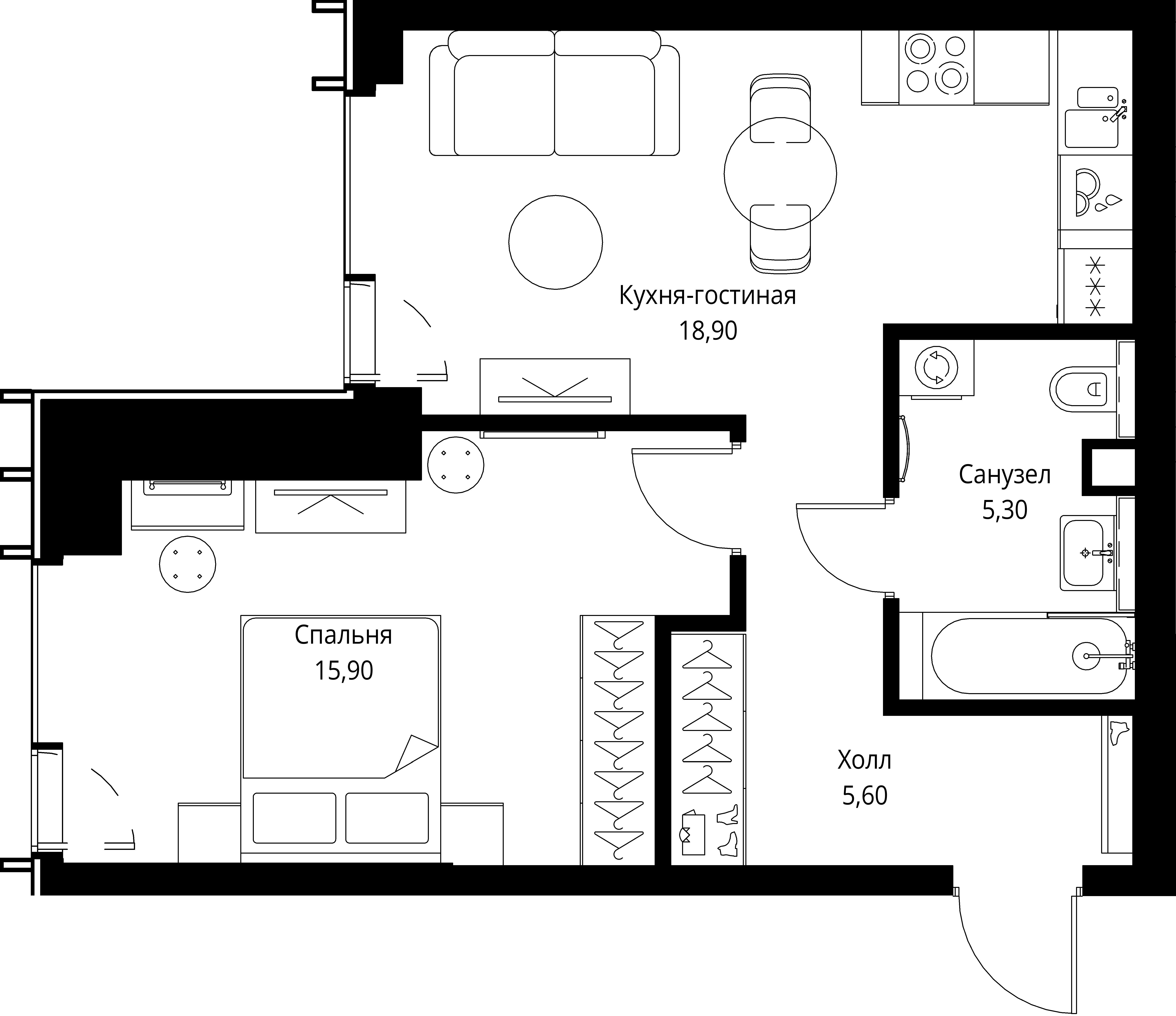 1 комн. квартира, 45.7 м², 32 этаж 
