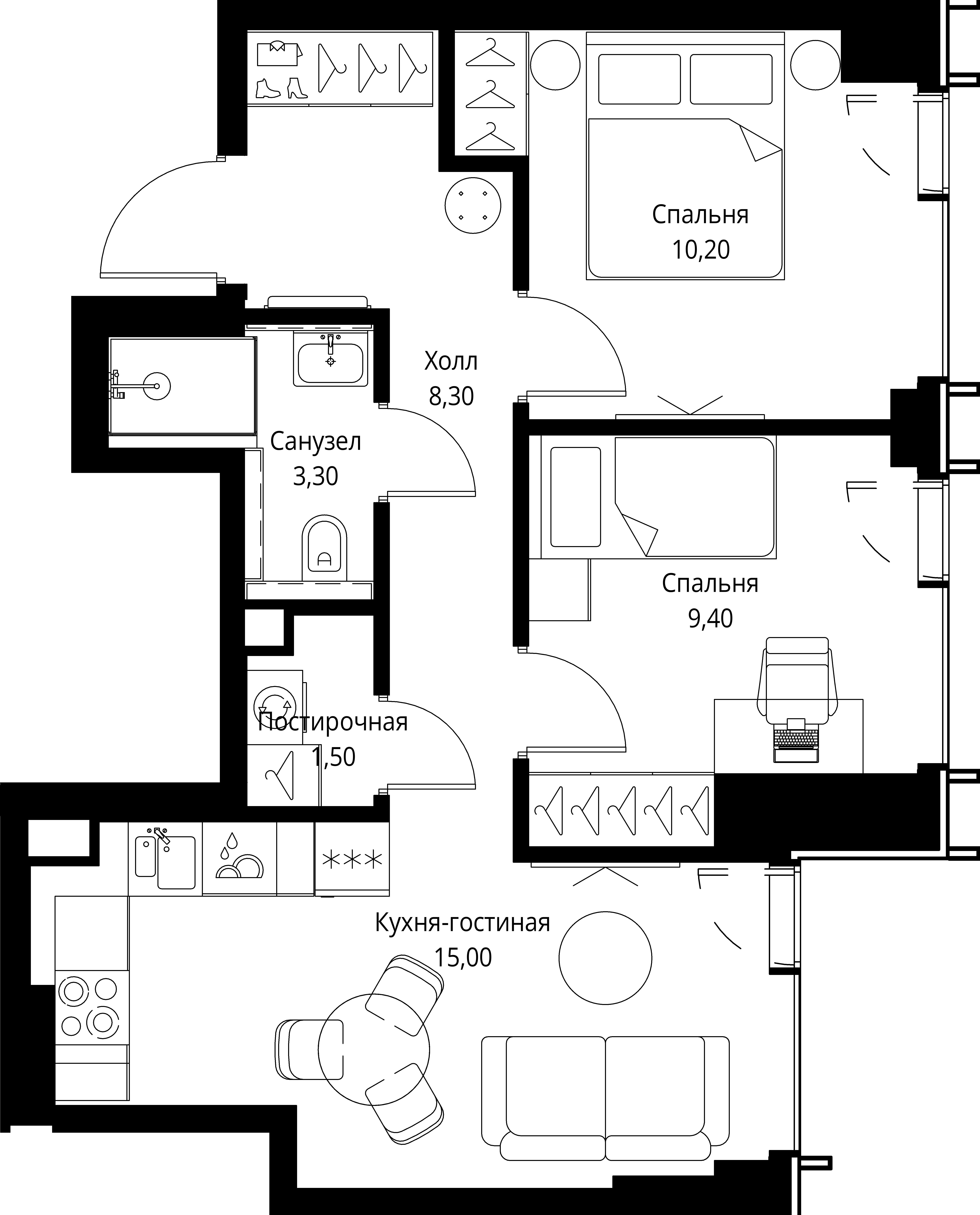 2 комн. квартира, 47.7 м², 21 этаж 
