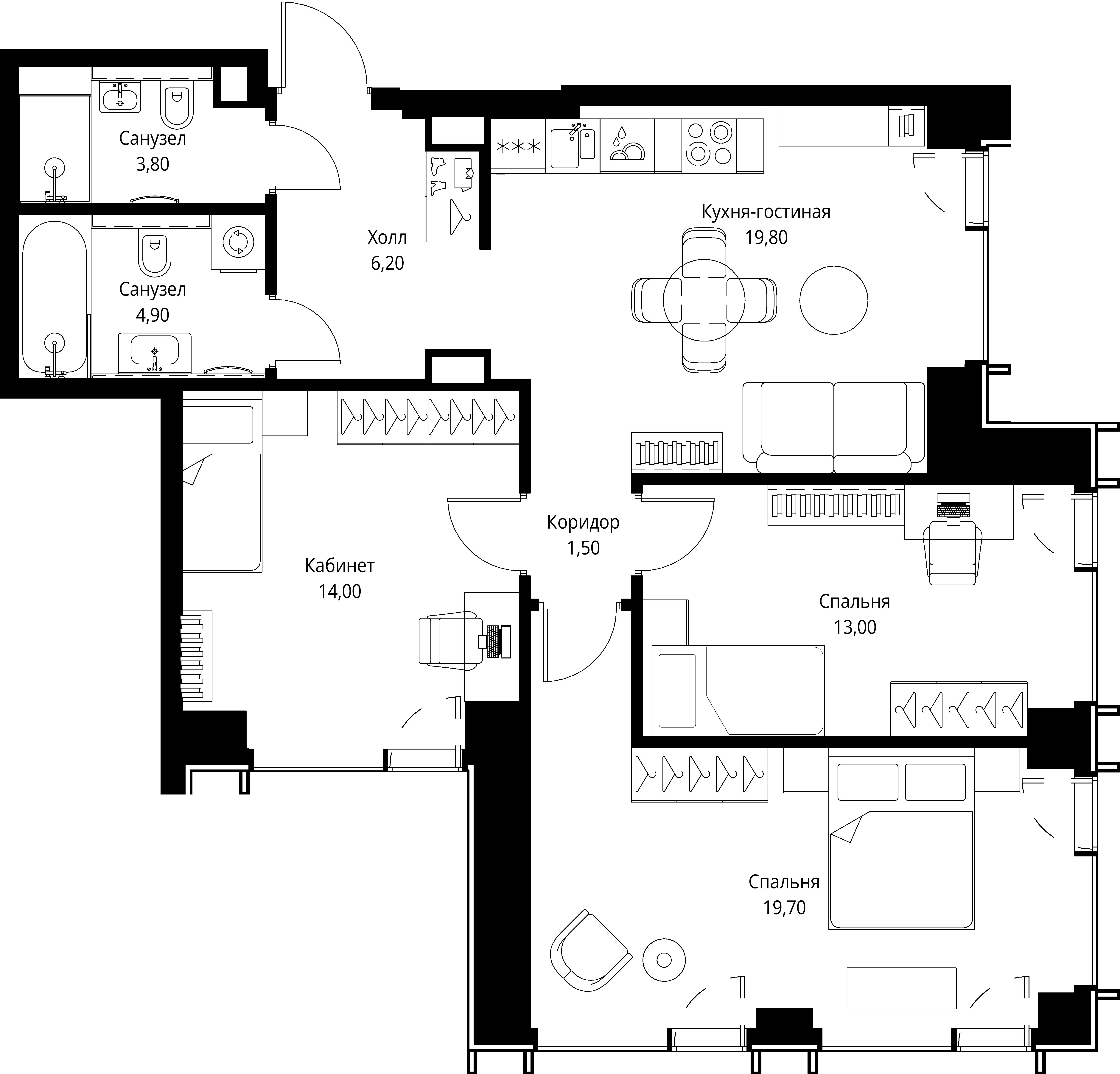 3 комн. квартира, 82.9 м², 35 этаж 