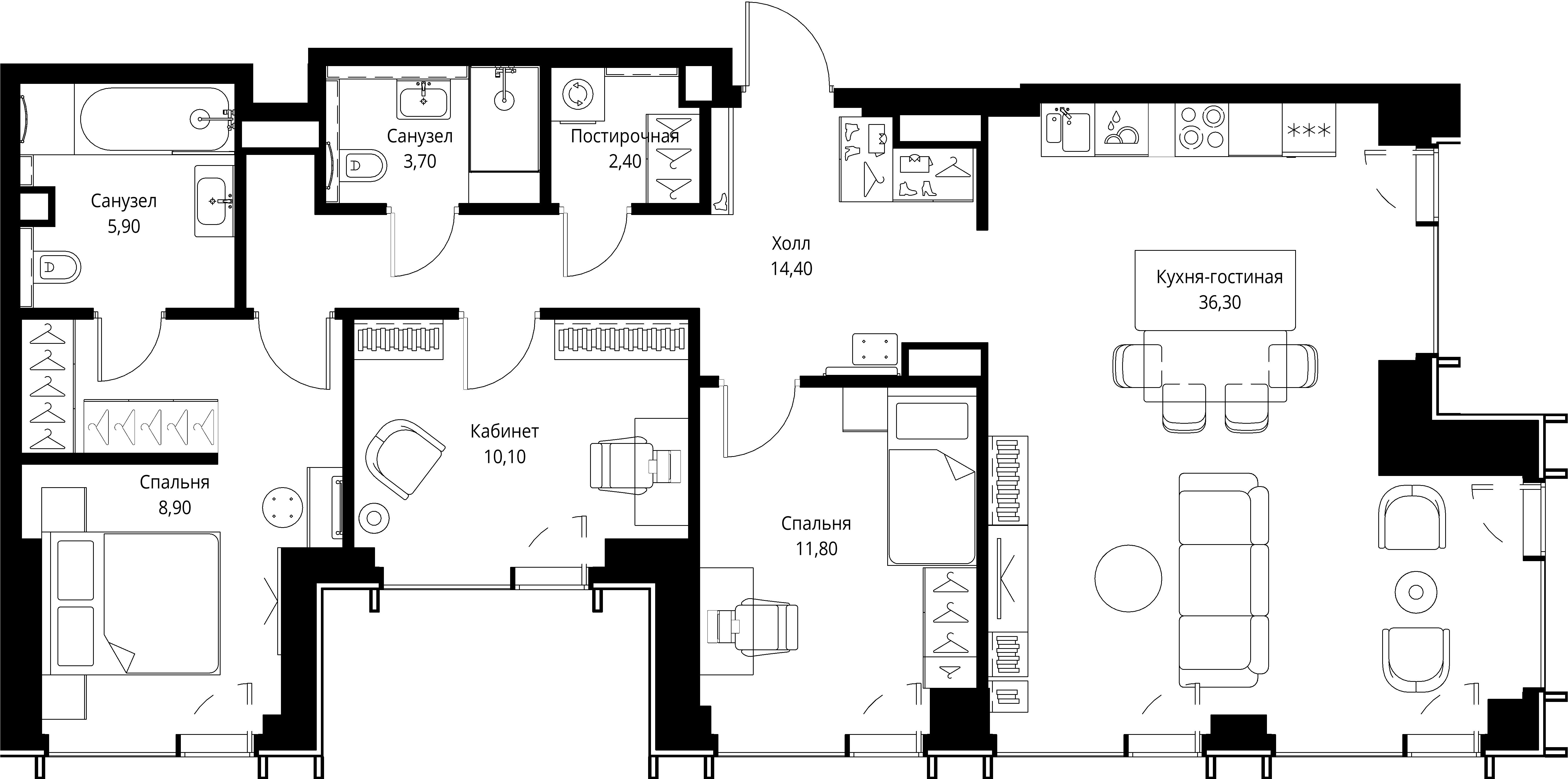 3 комн. квартира, 99.1 м², 47 этаж 