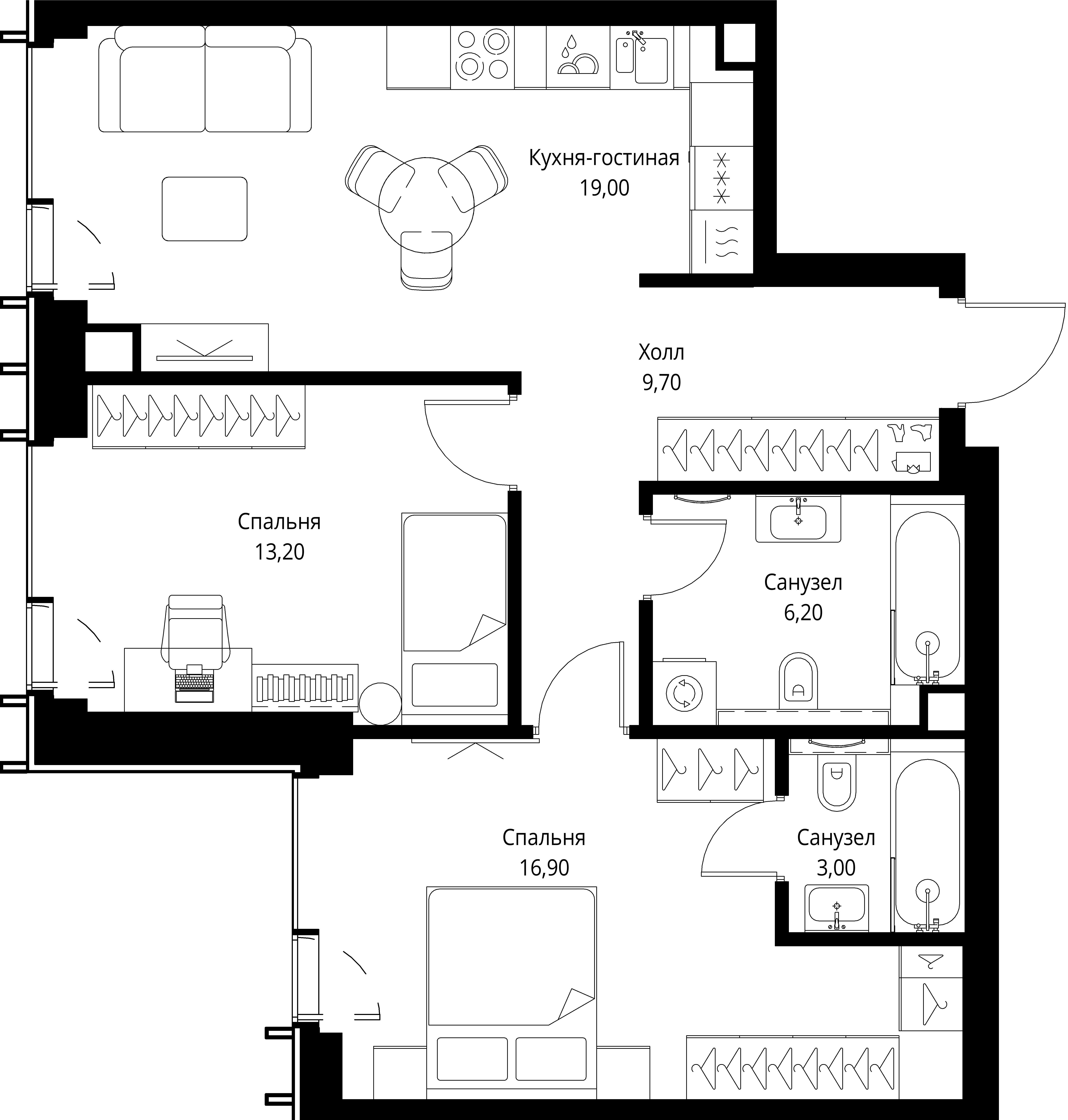 2 комн. квартира, 68 м², 47 этаж 