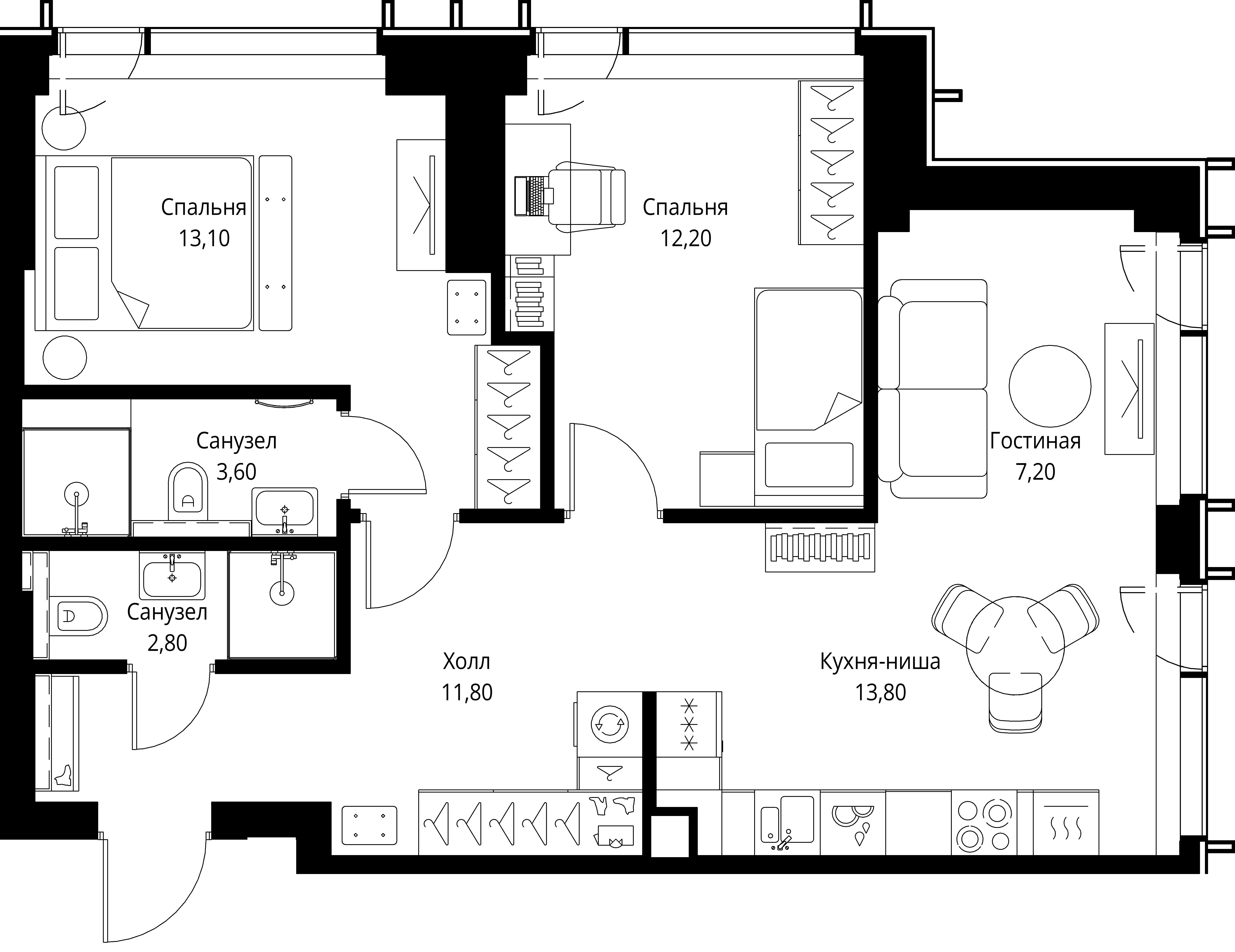 2 комн. квартира, 64.5 м², 20 этаж 