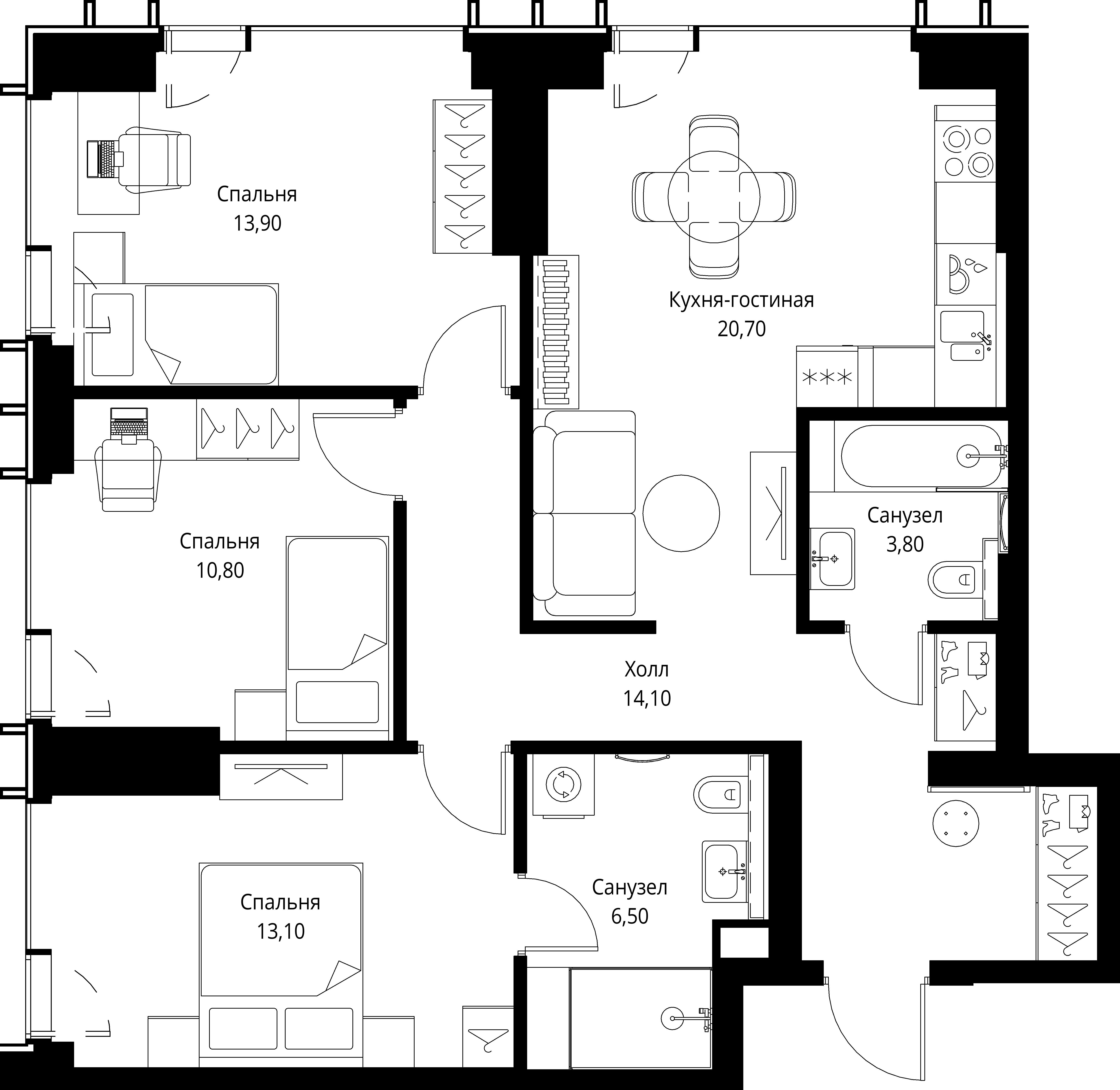 3 комн. квартира, 82.9 м², 29 этаж 