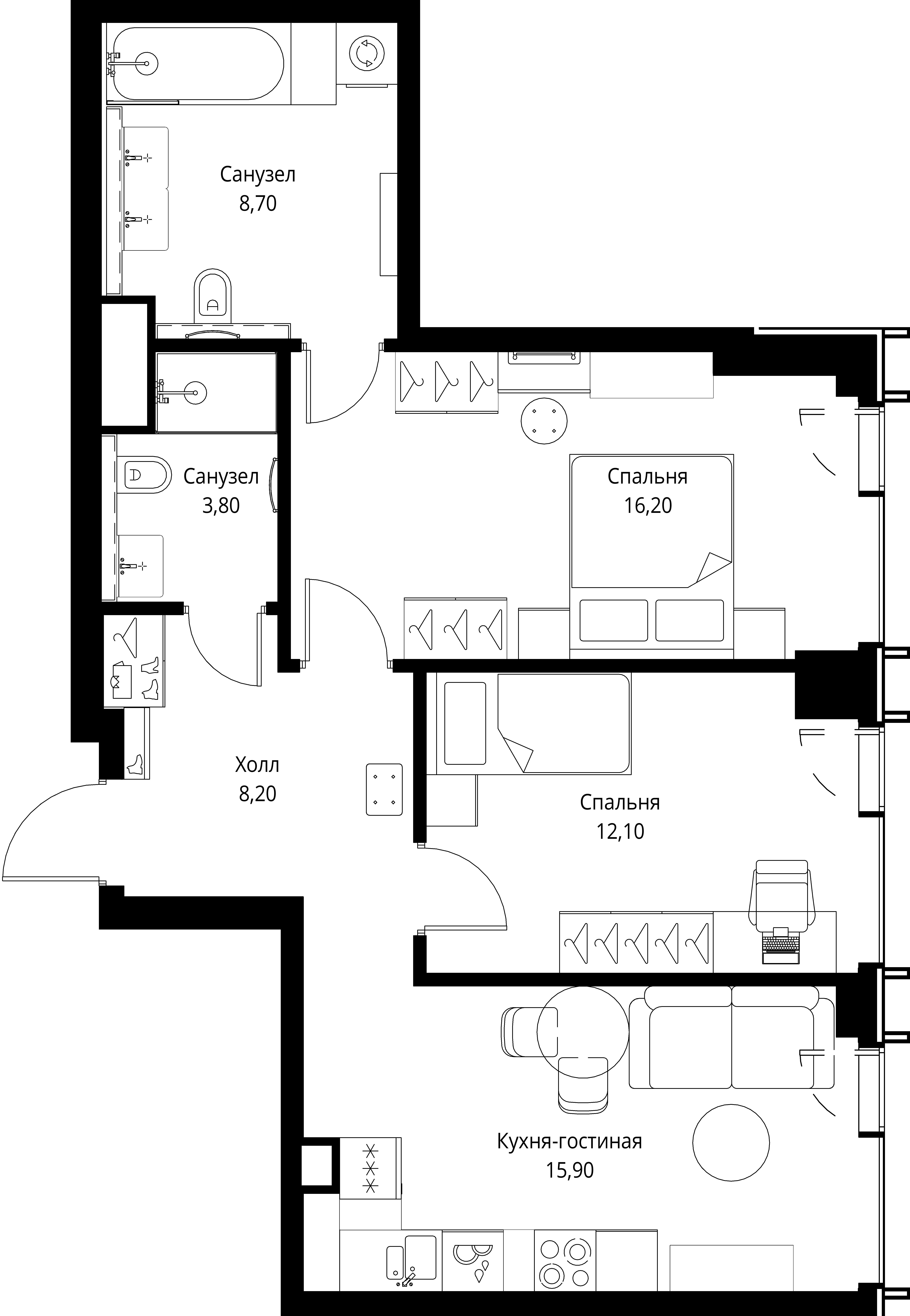 2 комн. квартира, 64.9 м², 47 этаж 