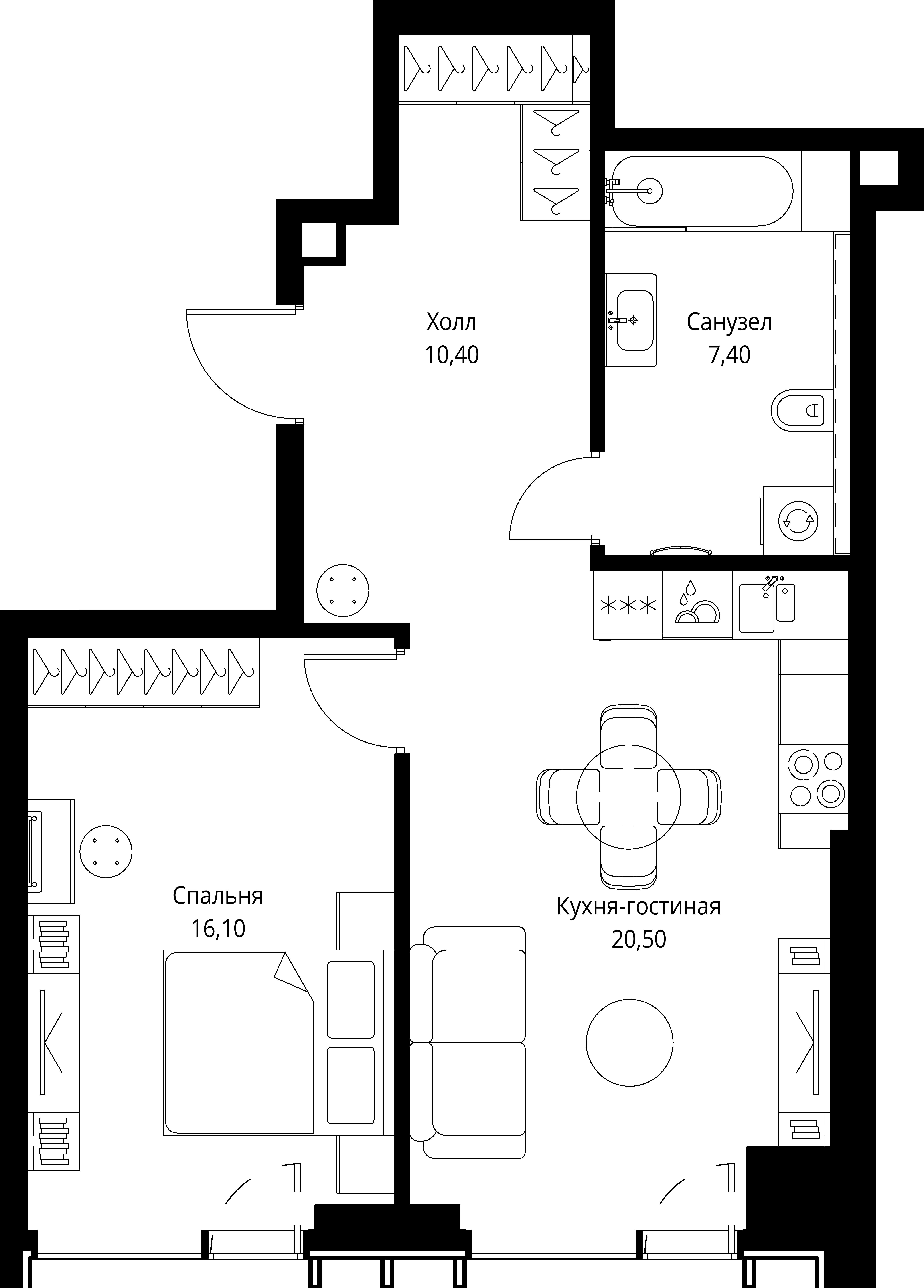 1 комн. квартира, 54.4 м², 6 этаж 