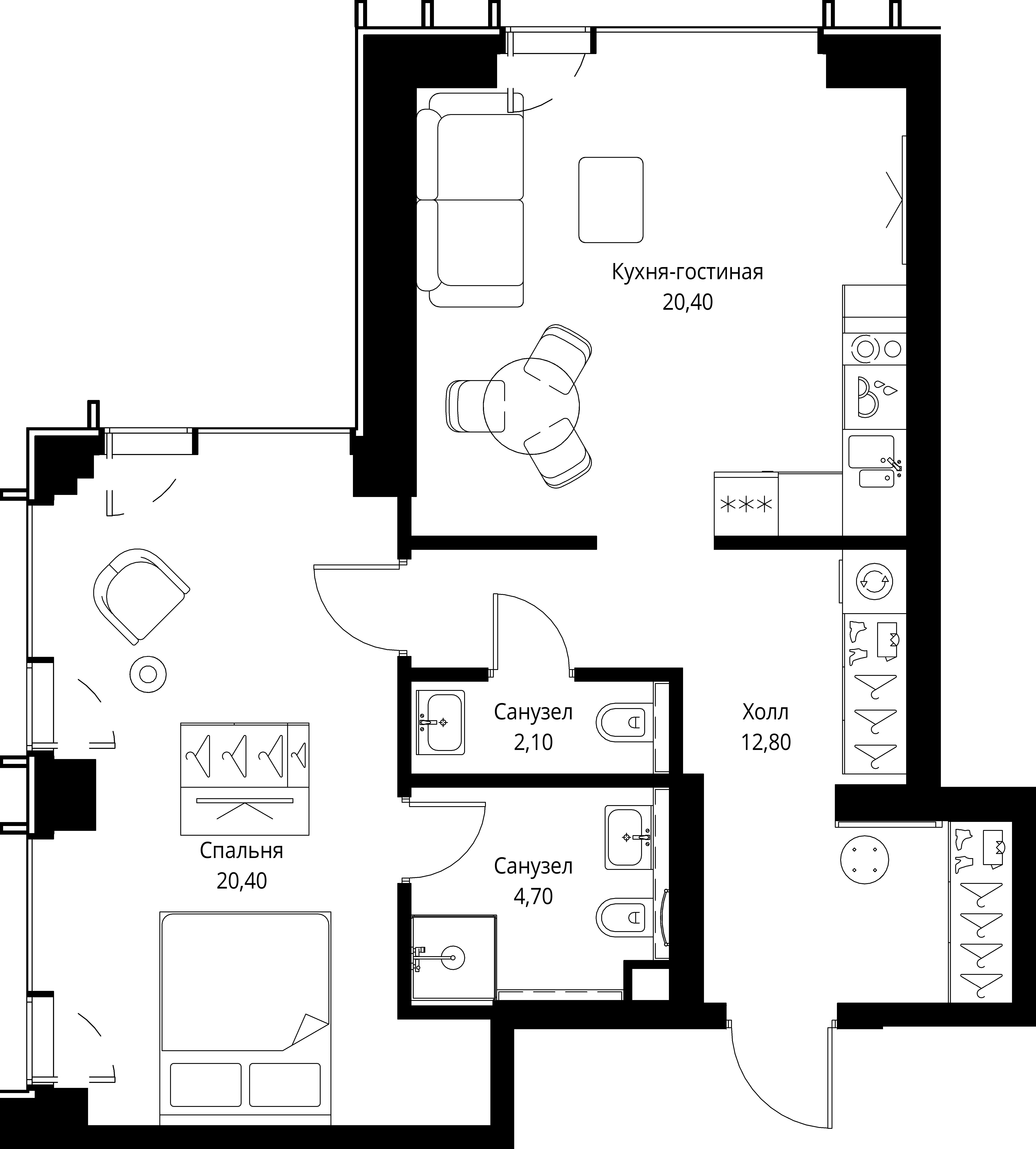 1 комн. квартира, 60.4 м², 47 этаж 