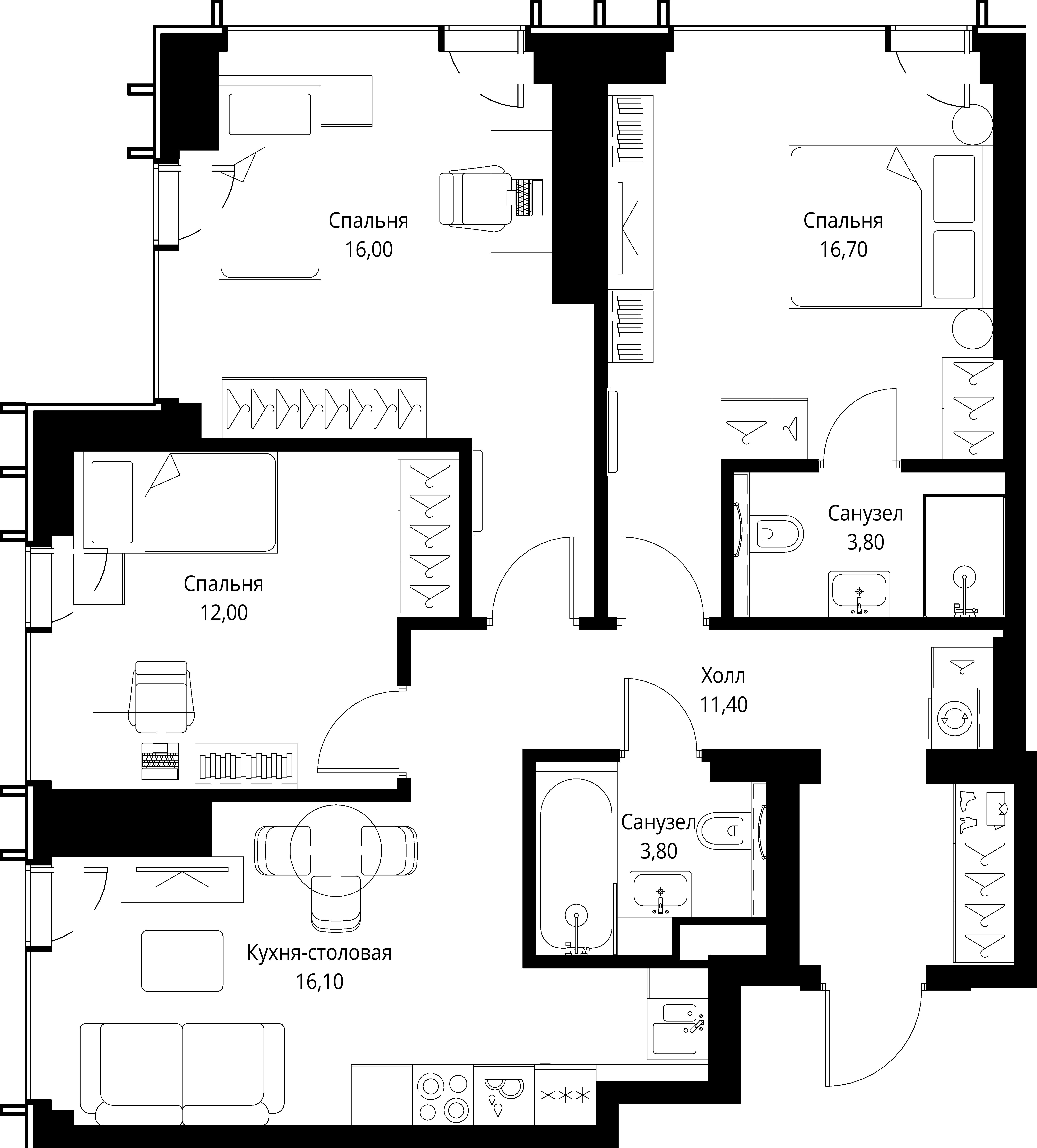 3 комн. квартира, 79.8 м², 34 этаж 