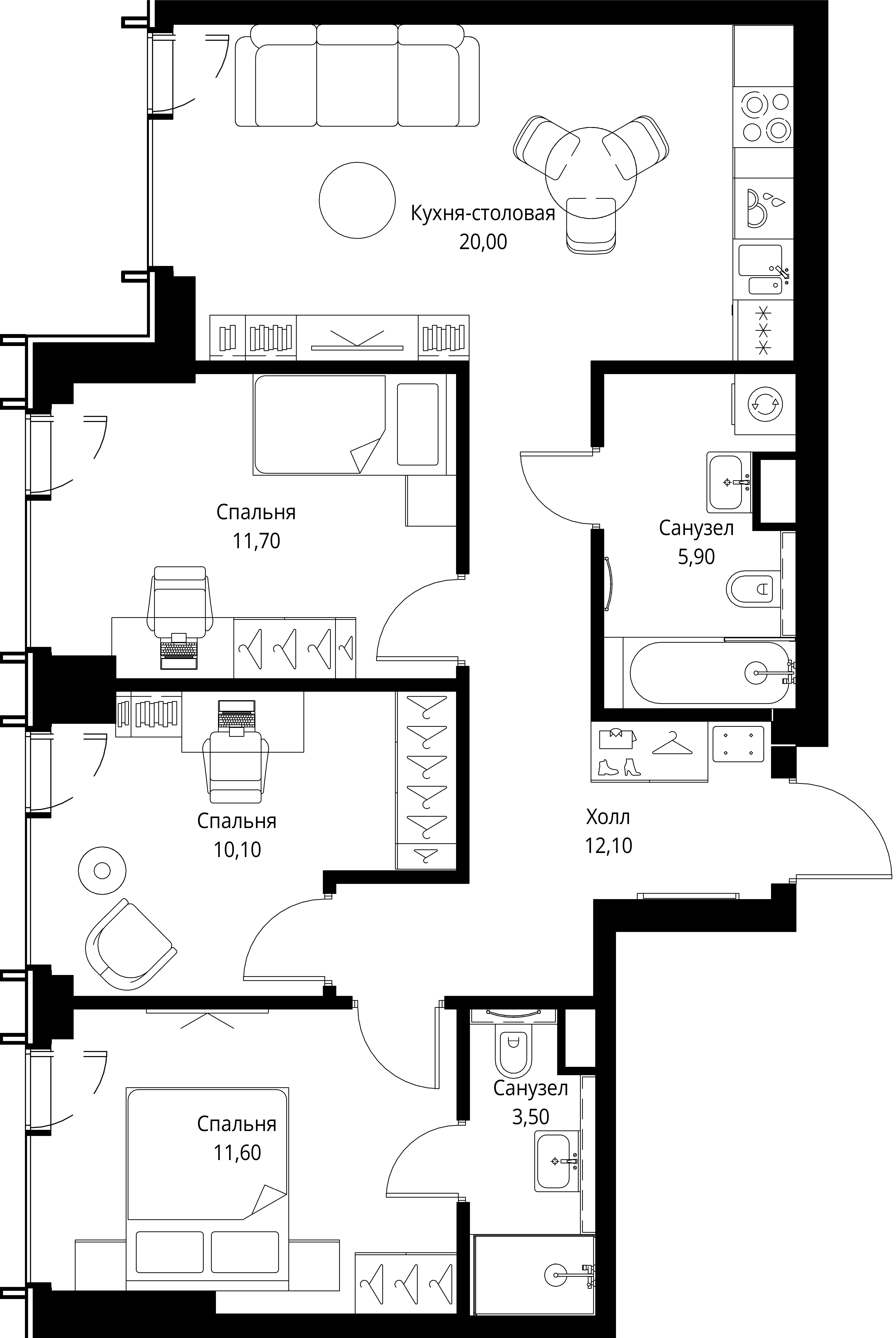 3 комн. квартира, 74.9 м², 46 этаж 