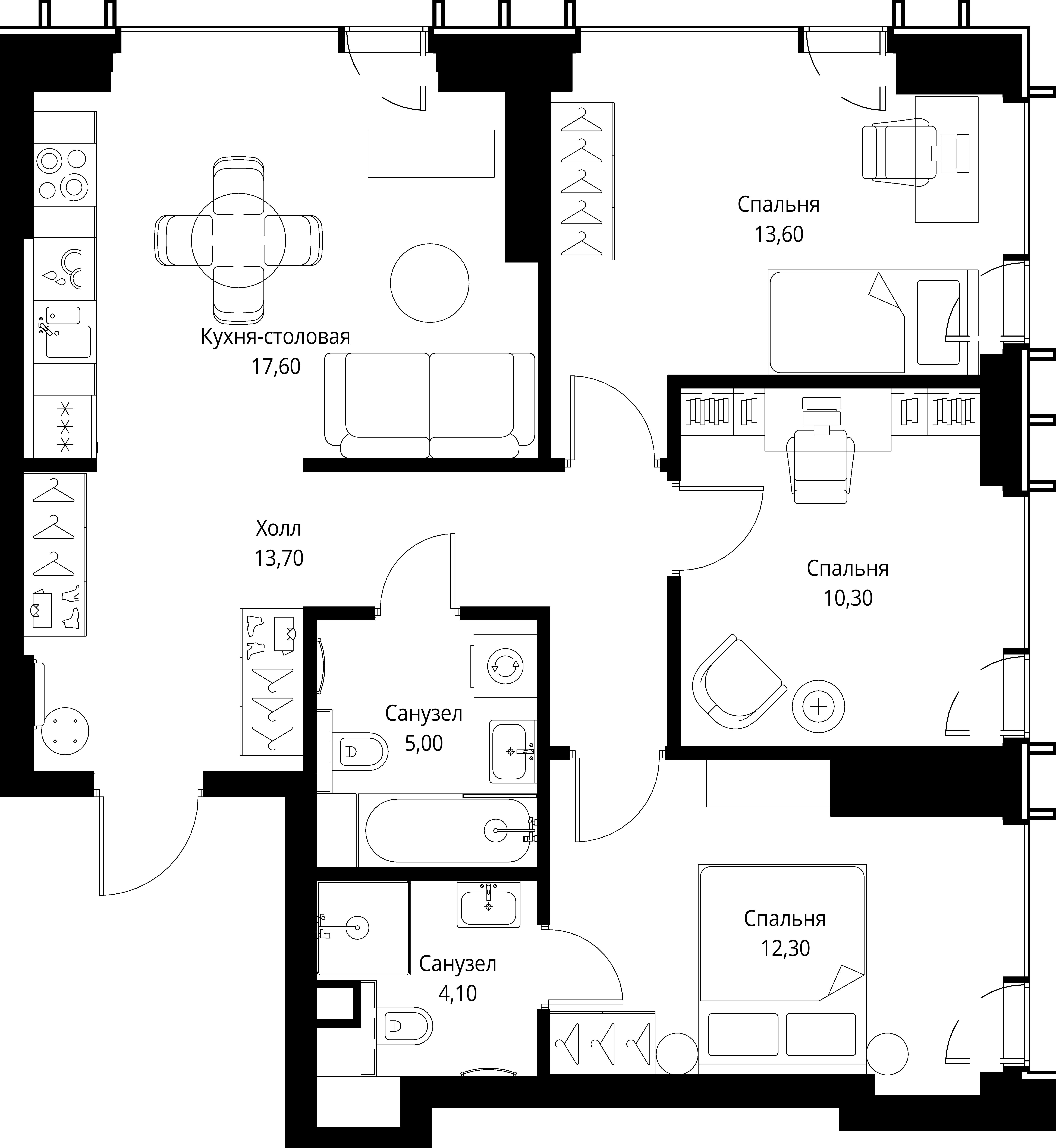 3 комн. квартира, 76.6 м², 30 этаж 