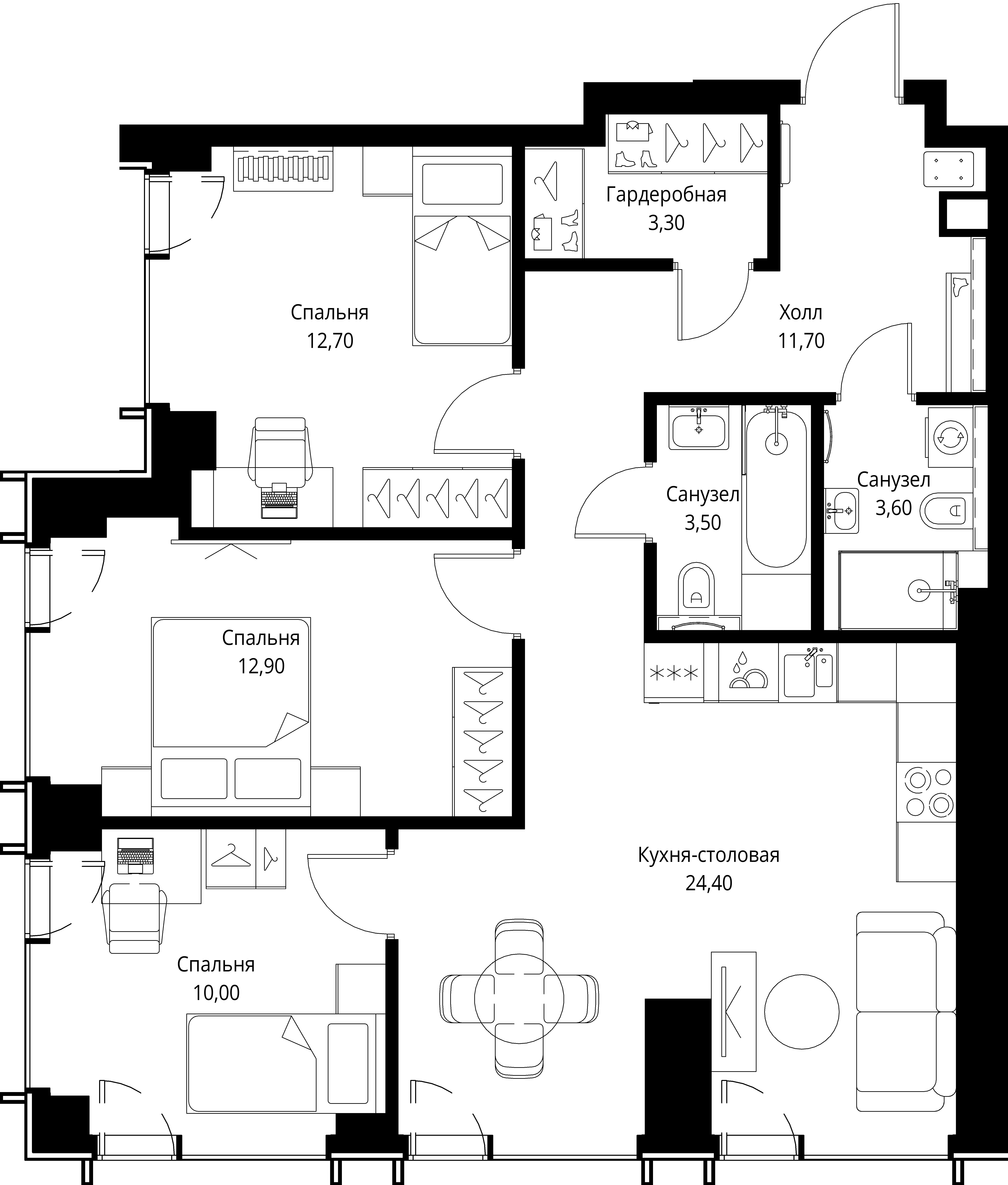 3 комн. квартира, 82.1 м², 27 этаж 