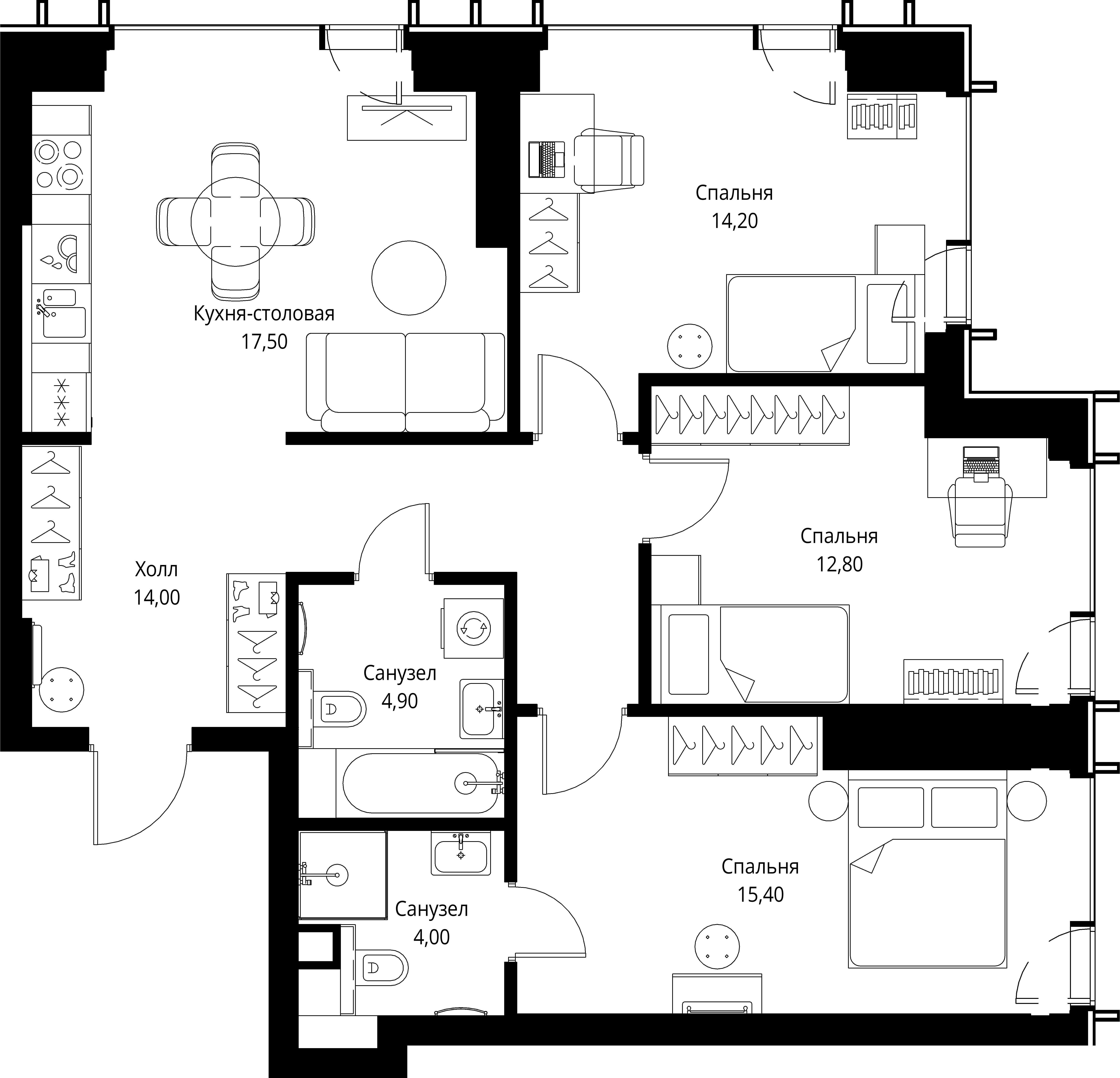 3 комн. квартира, 82.8 м², 12 этаж 