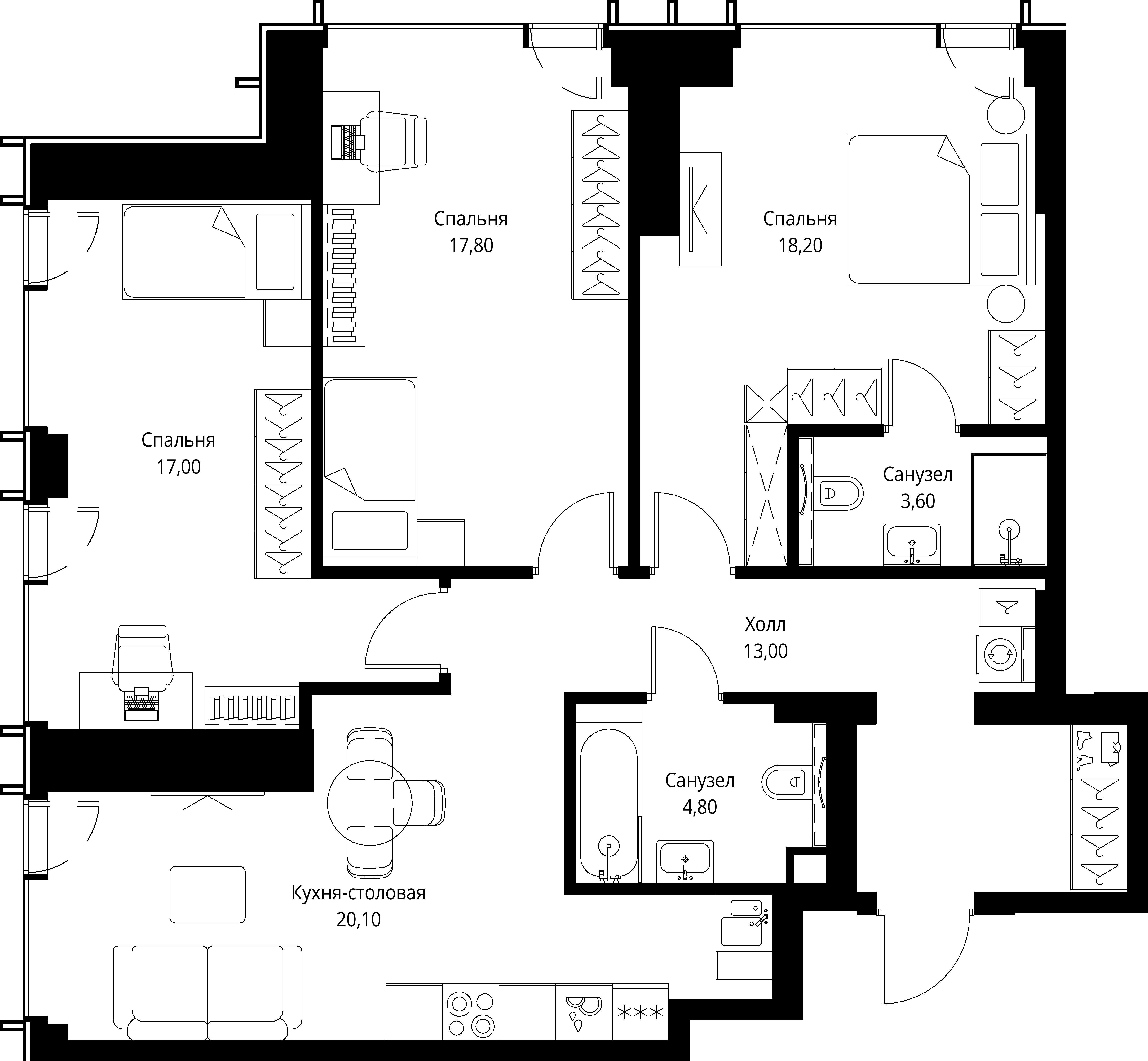 3 комн. квартира, 94.5 м², 16 этаж 