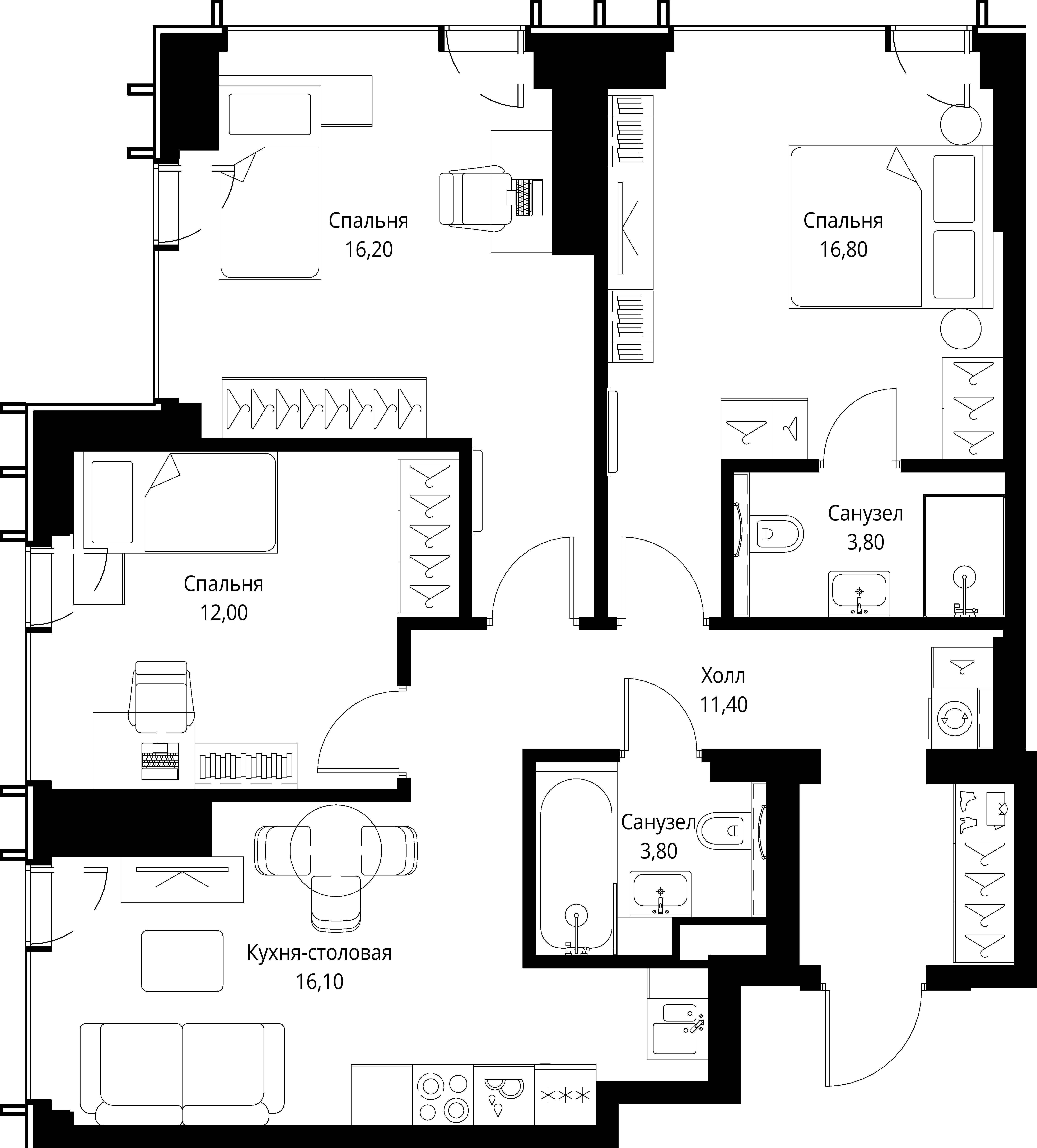 3 комн. квартира, 80.1 м², 30 этаж 