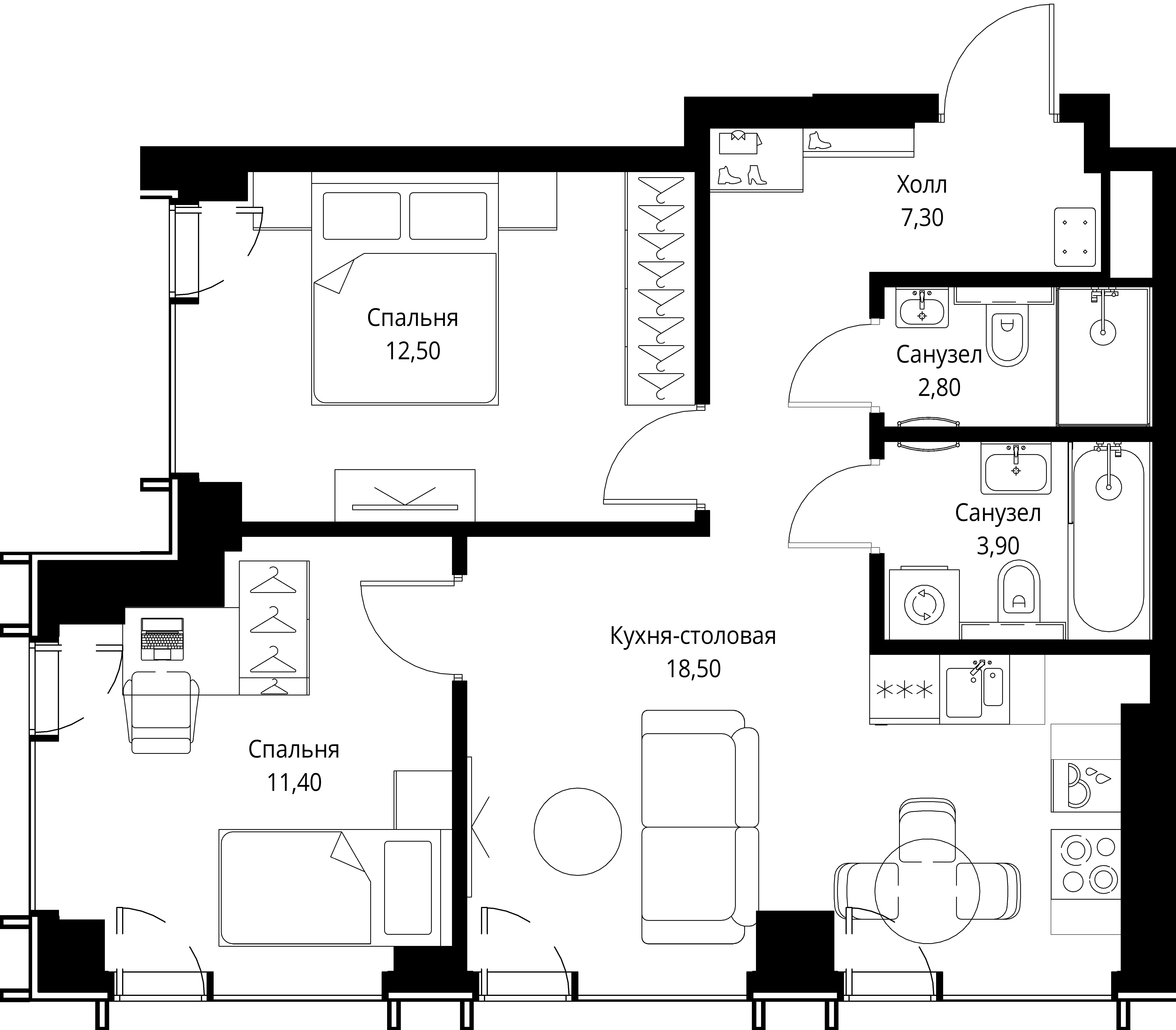 2 комн. квартира, 56.4 м², 42 этаж 