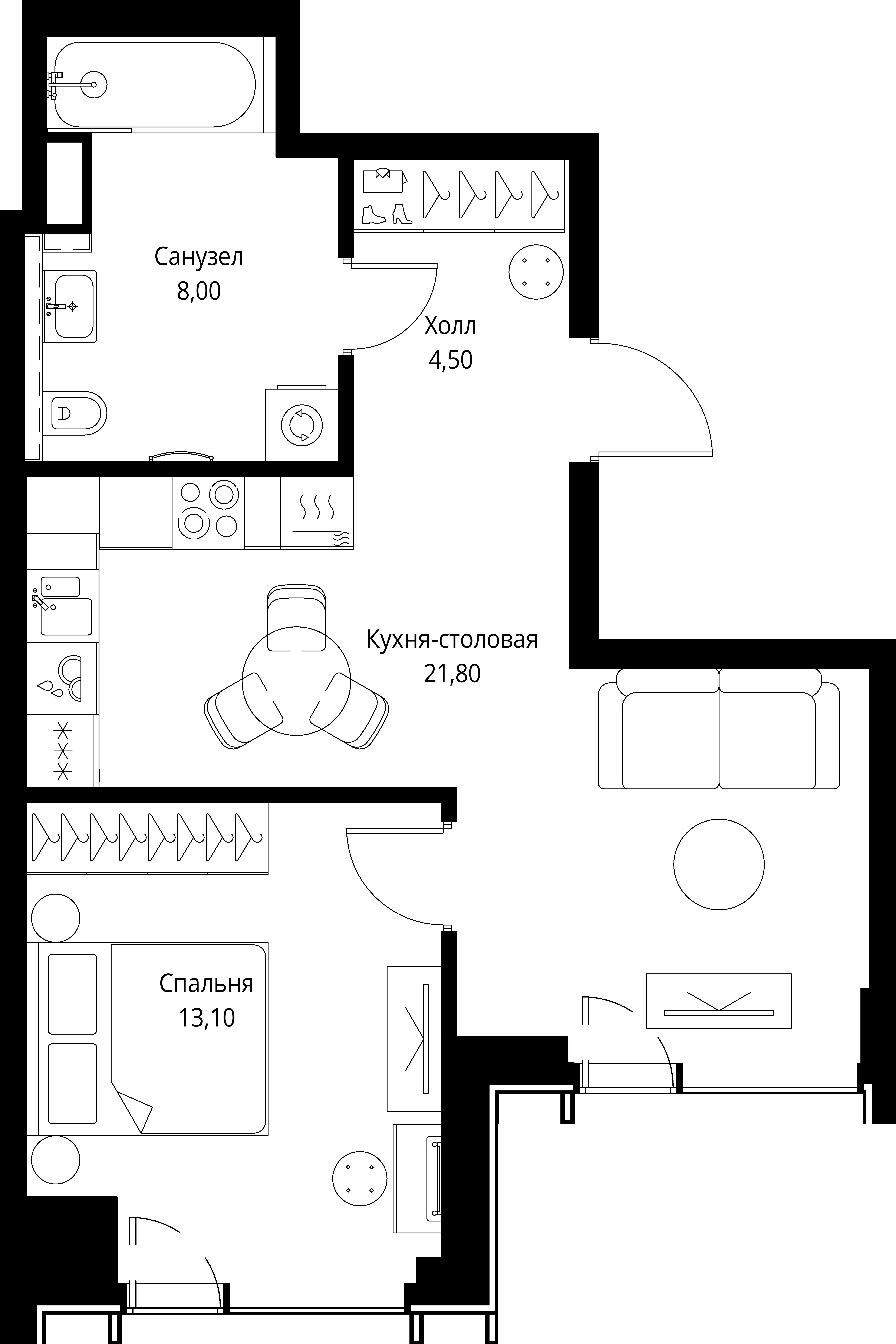 1 комн. квартира, 47.4 м², 25 этаж 